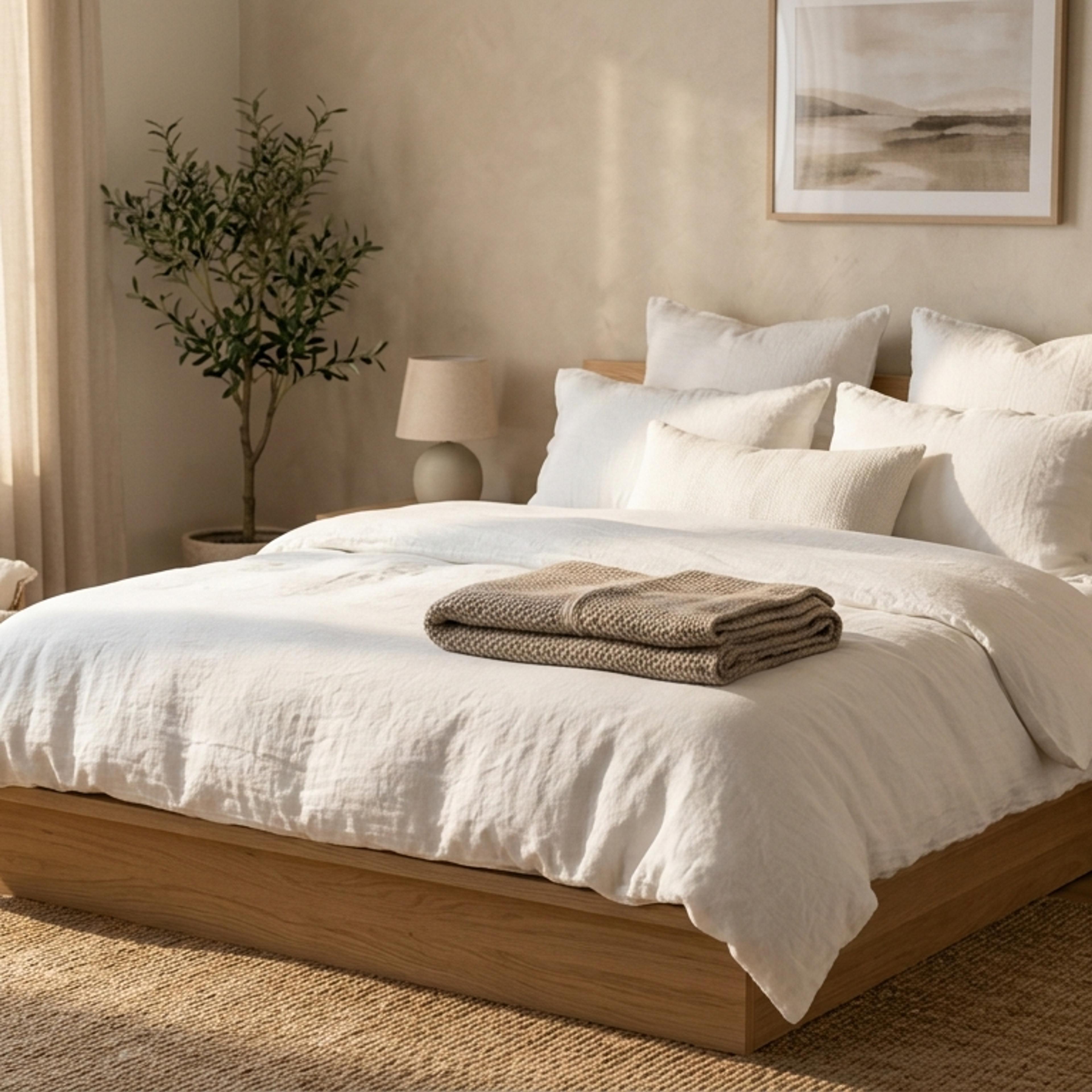Serene bedroom with crisp white linen bedding, neutral earth tones, and morning light