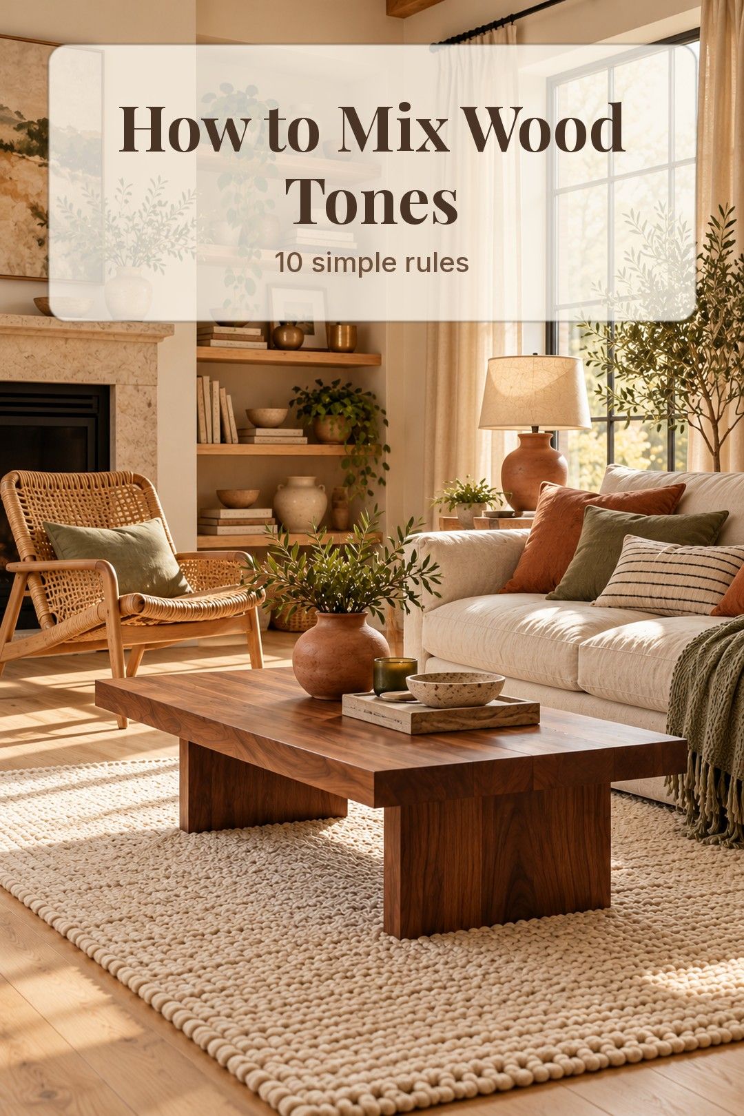 Living room with oak, walnut and rattan pieces