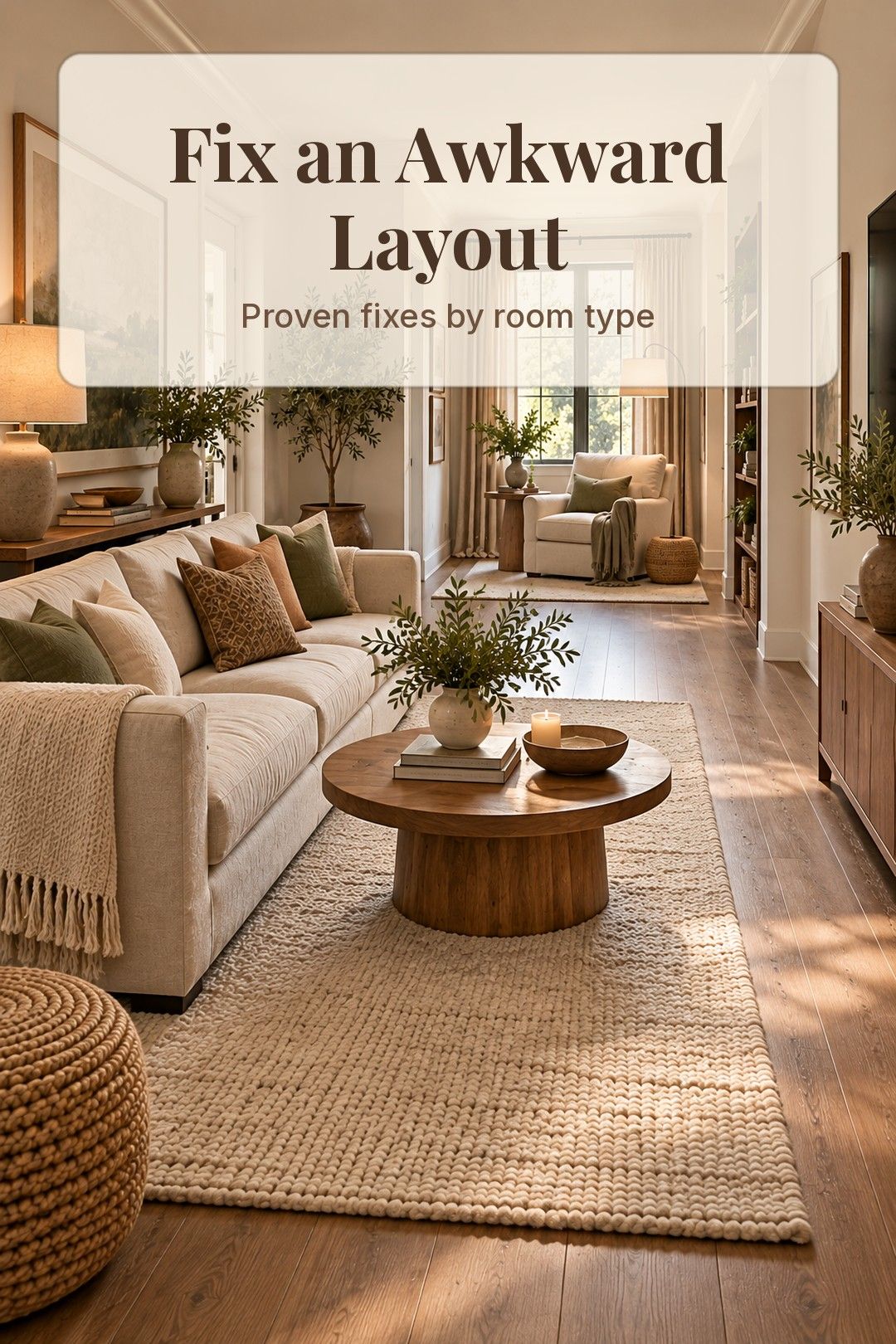 Narrow living room split into two zones