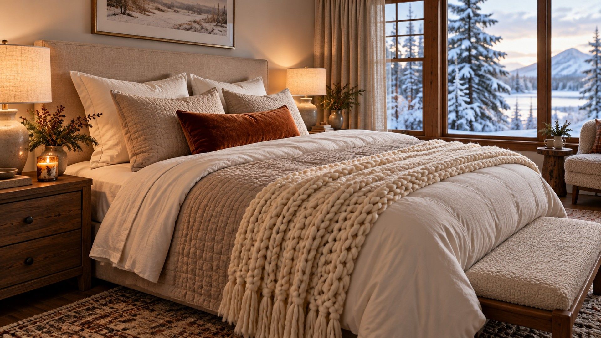 Layered winter bed with flannel sheets, oat quilt, white duvet and a chunky knit throw