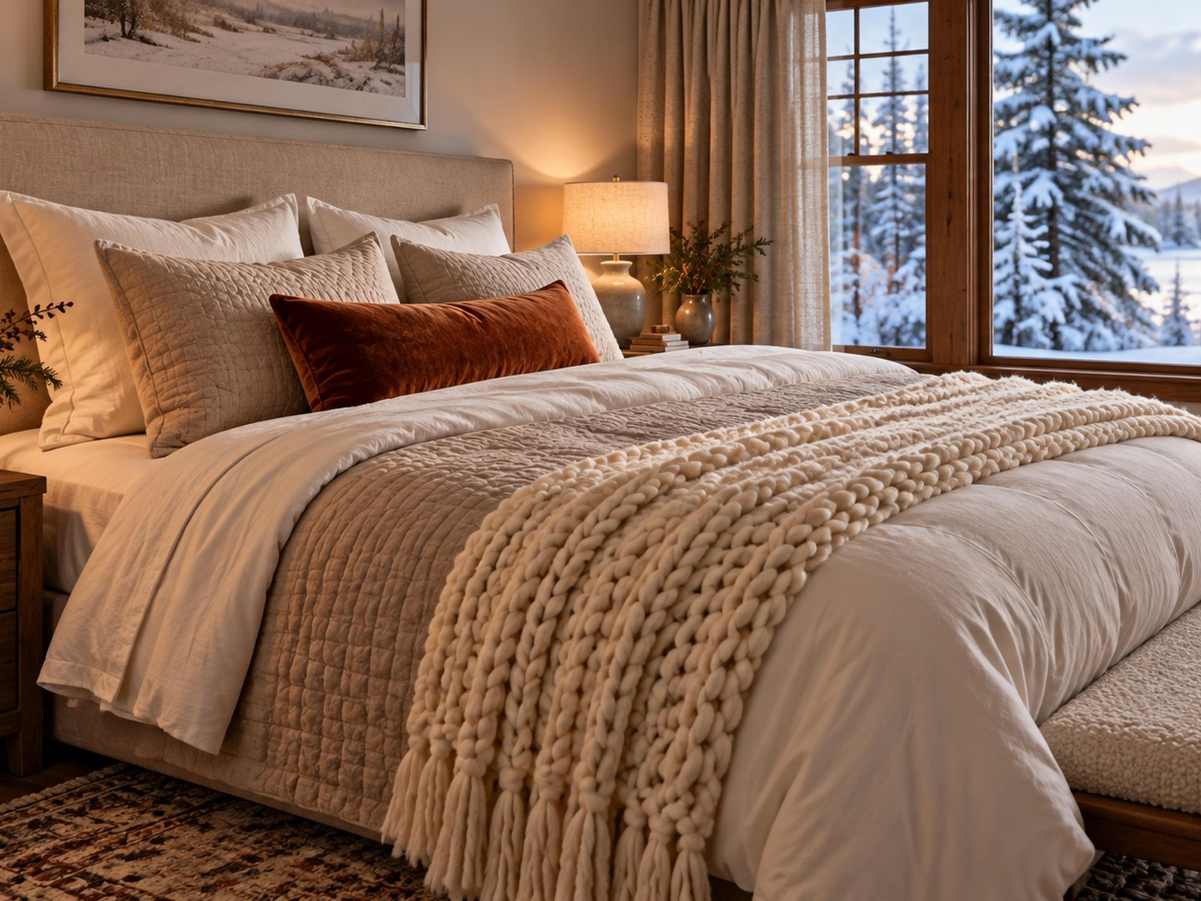 Layered winter bed with flannel sheets, oat quilt, white duvet and a chunky knit throw