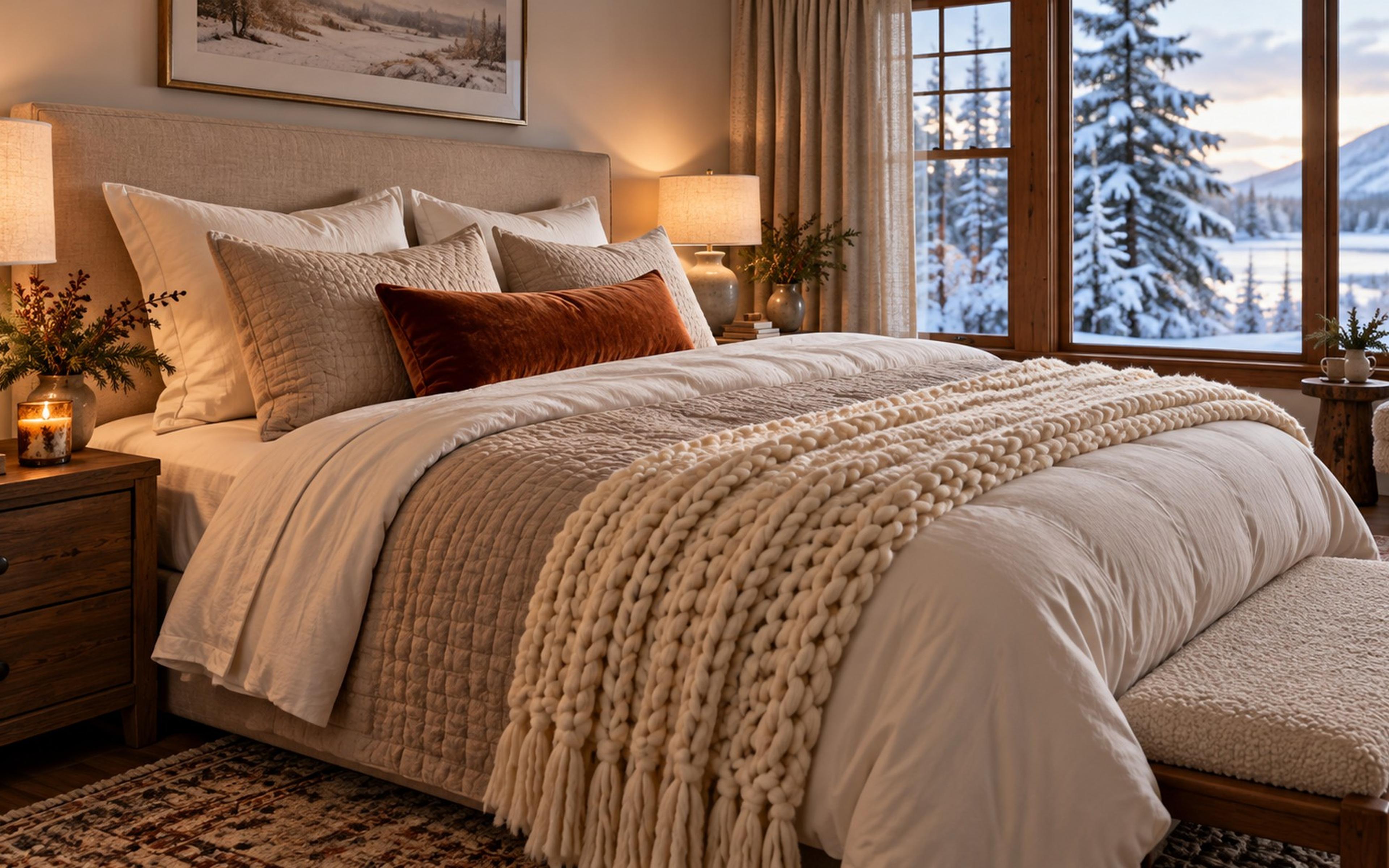 Layered winter bed with flannel sheets, oat quilt, white duvet and a chunky knit throw