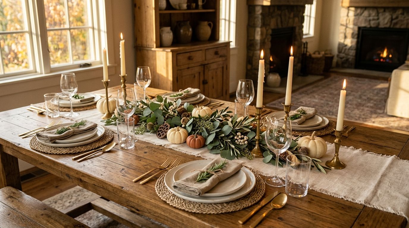 Wooden Thanksgiving table with a linen runner, brass candlesticks, a low eucalyptus centerpiece and woven placemats