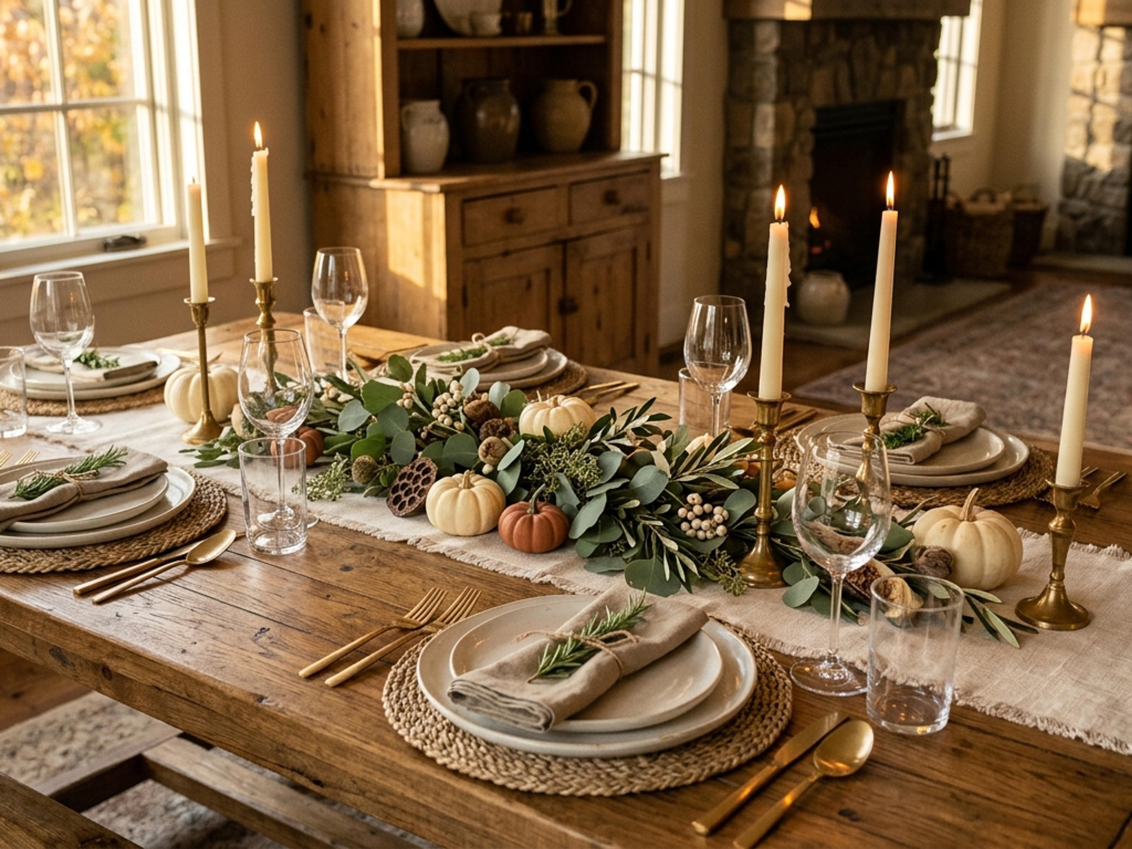 Wooden Thanksgiving table with a linen runner, brass candlesticks, a low eucalyptus centerpiece and woven placemats