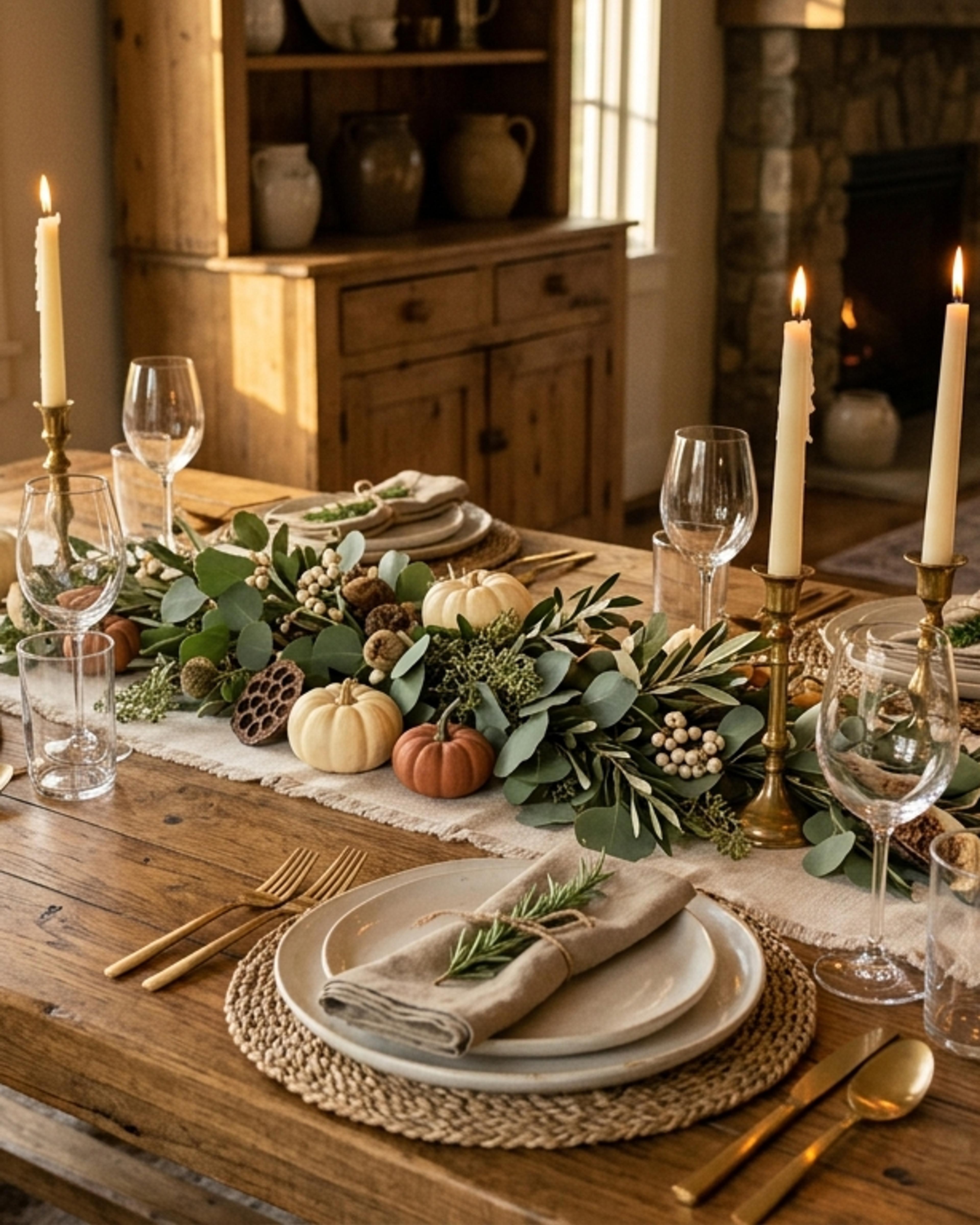 Wooden Thanksgiving table with a linen runner, brass candlesticks, a low eucalyptus centerpiece and woven placemats