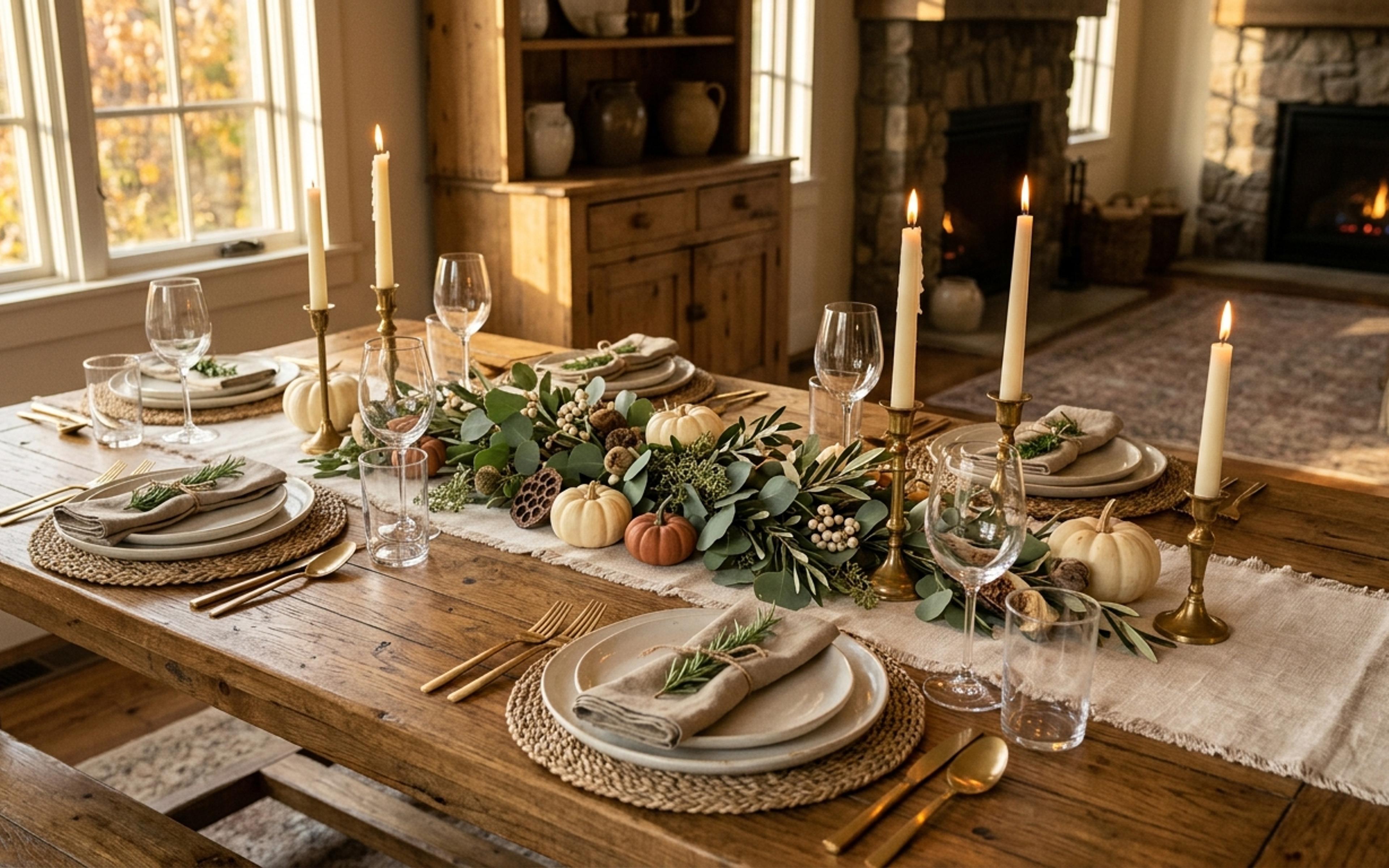 Wooden Thanksgiving table with a linen runner, brass candlesticks, a low eucalyptus centerpiece and woven placemats
