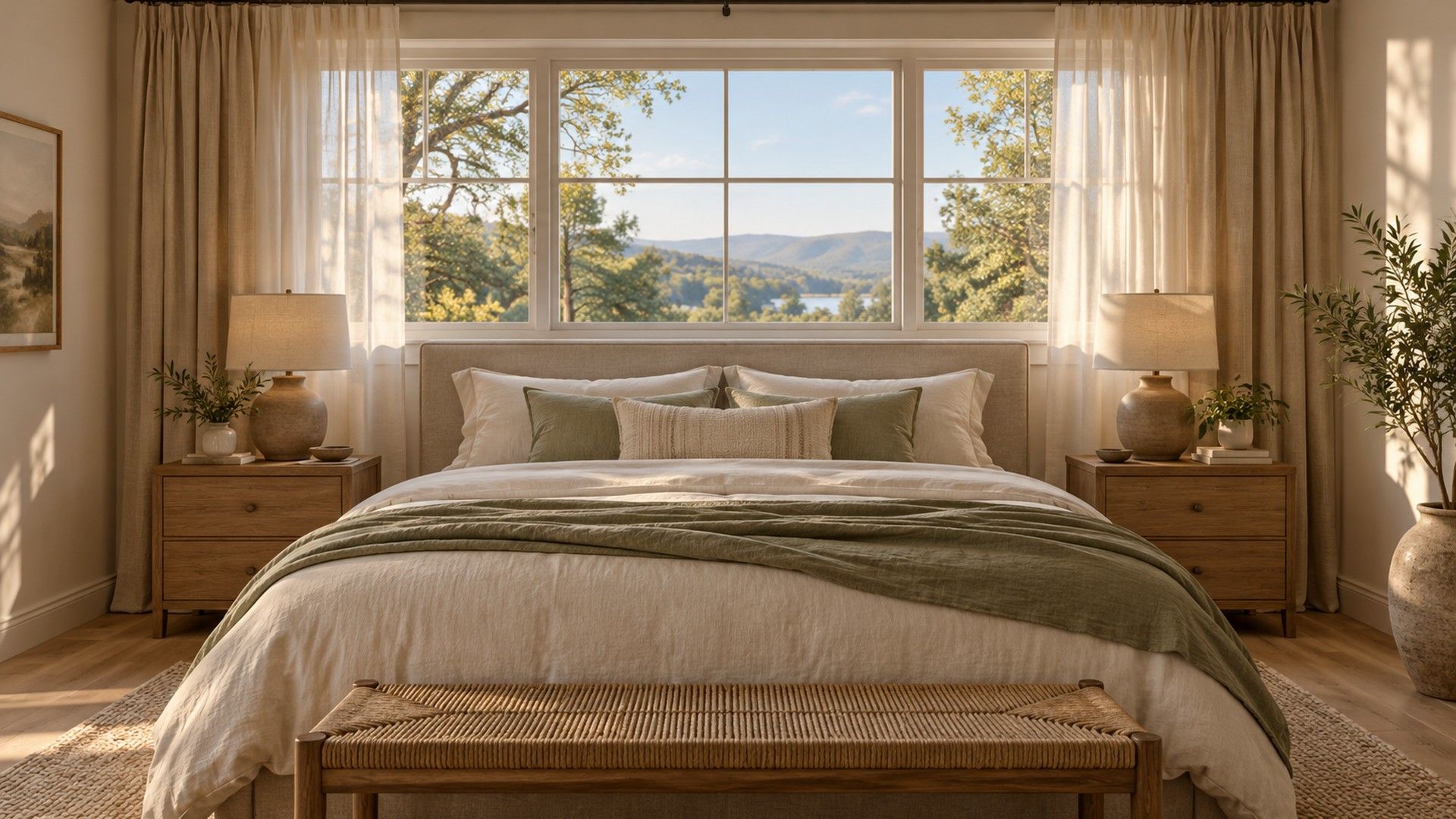 Queen bed with a low oat headboard centered under a window with layered sheer and beige curtains