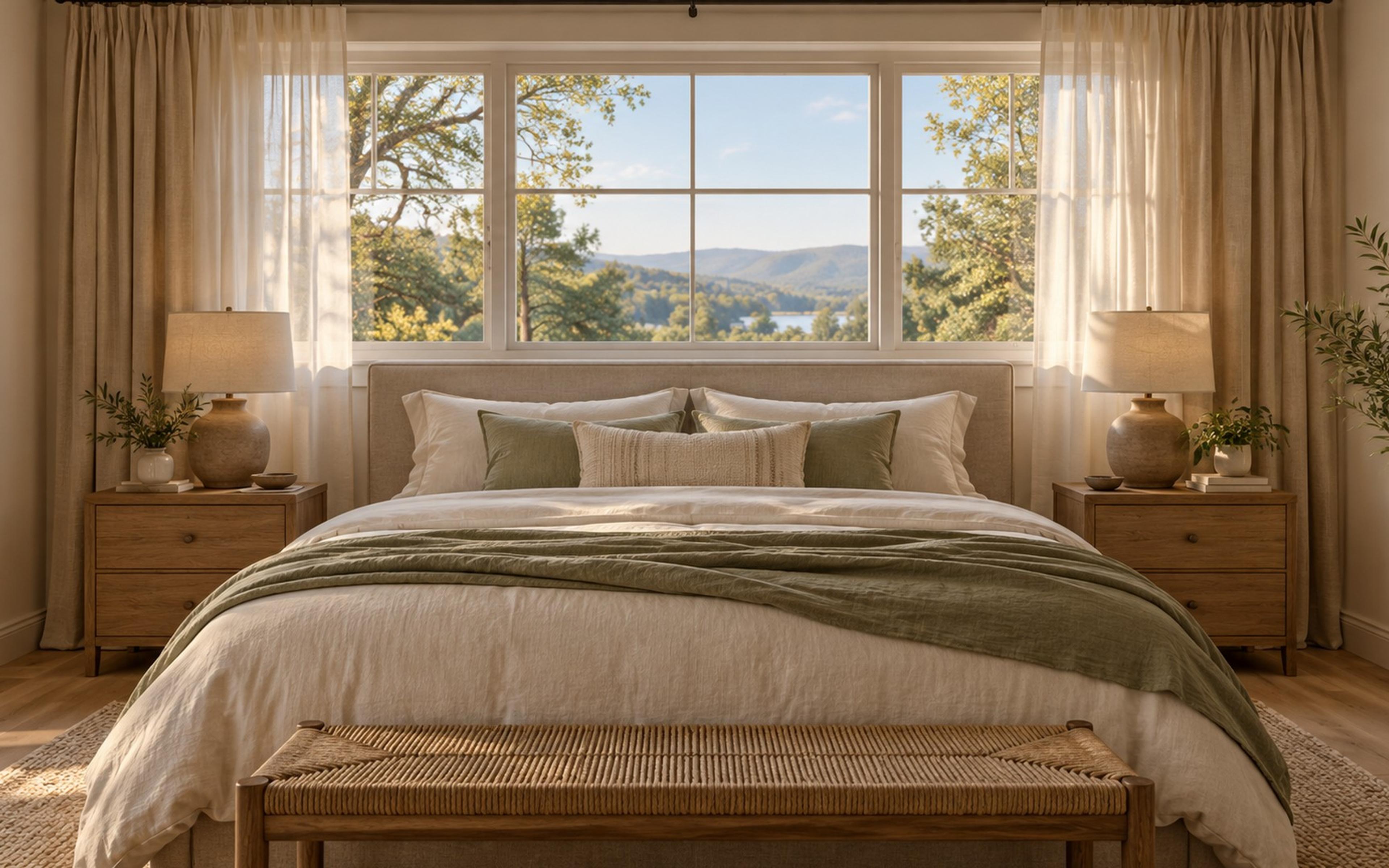 Queen bed with a low oat headboard centered under a window with layered sheer and beige curtains