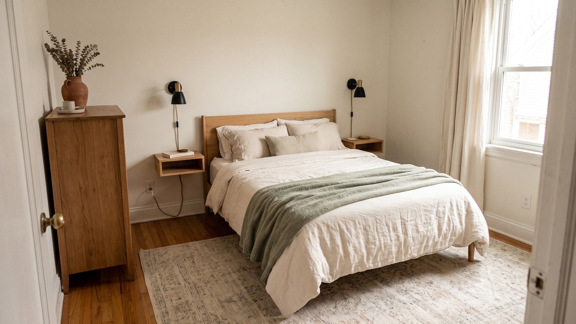 Small bedroom with a queen bed, ivory linen bedding, floating bedside shelves and clear walkways on both sides
