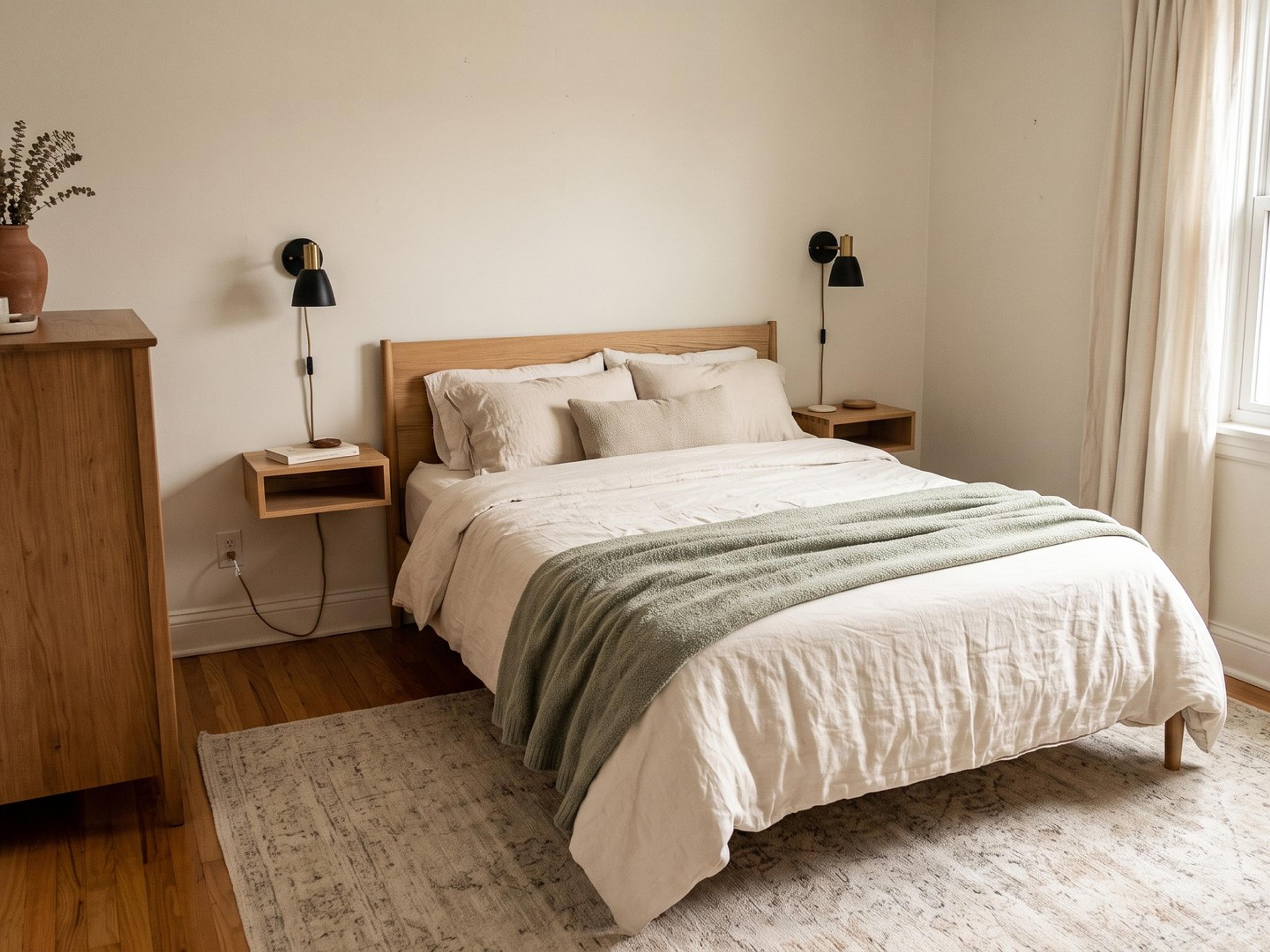 Small bedroom with a queen bed, ivory linen bedding, floating bedside shelves and clear walkways on both sides