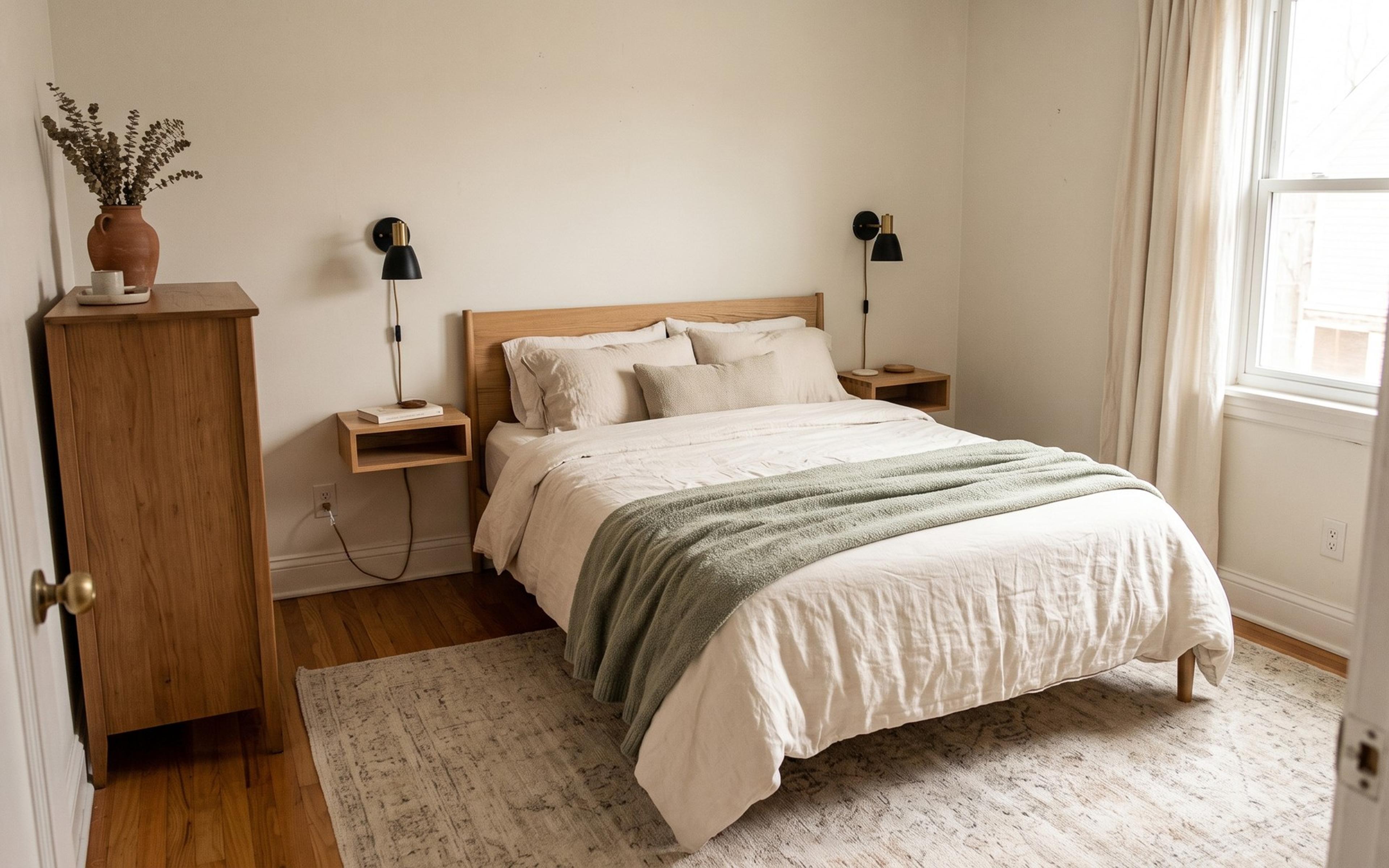 Small bedroom with a queen bed, ivory linen bedding, floating bedside shelves and clear walkways on both sides