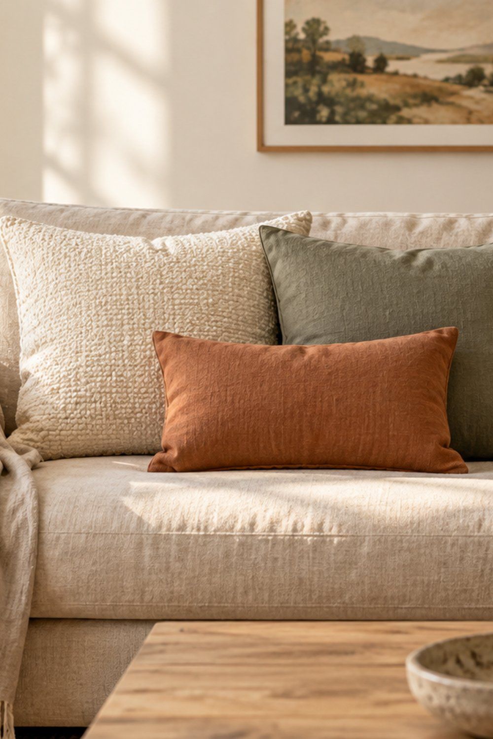 Three cream, sage and terracotta throw pillows arranged on an oat linen sofa