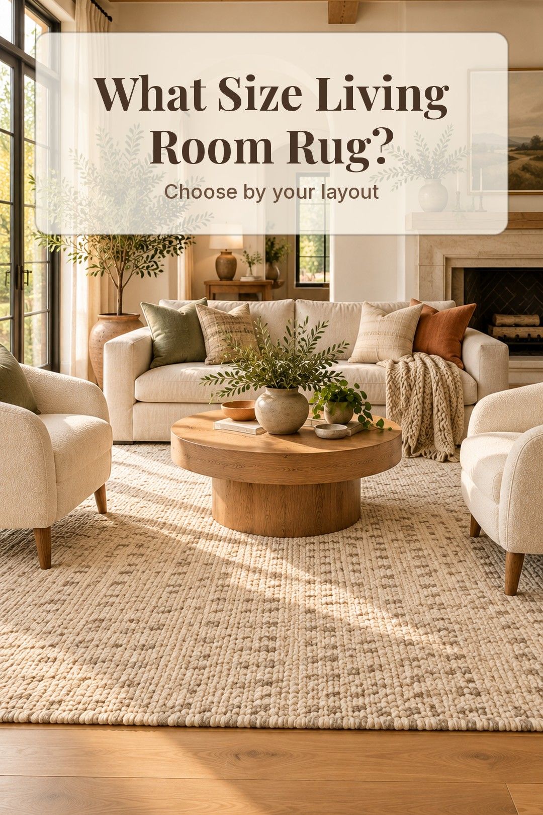 Living room seating on a large cream rug