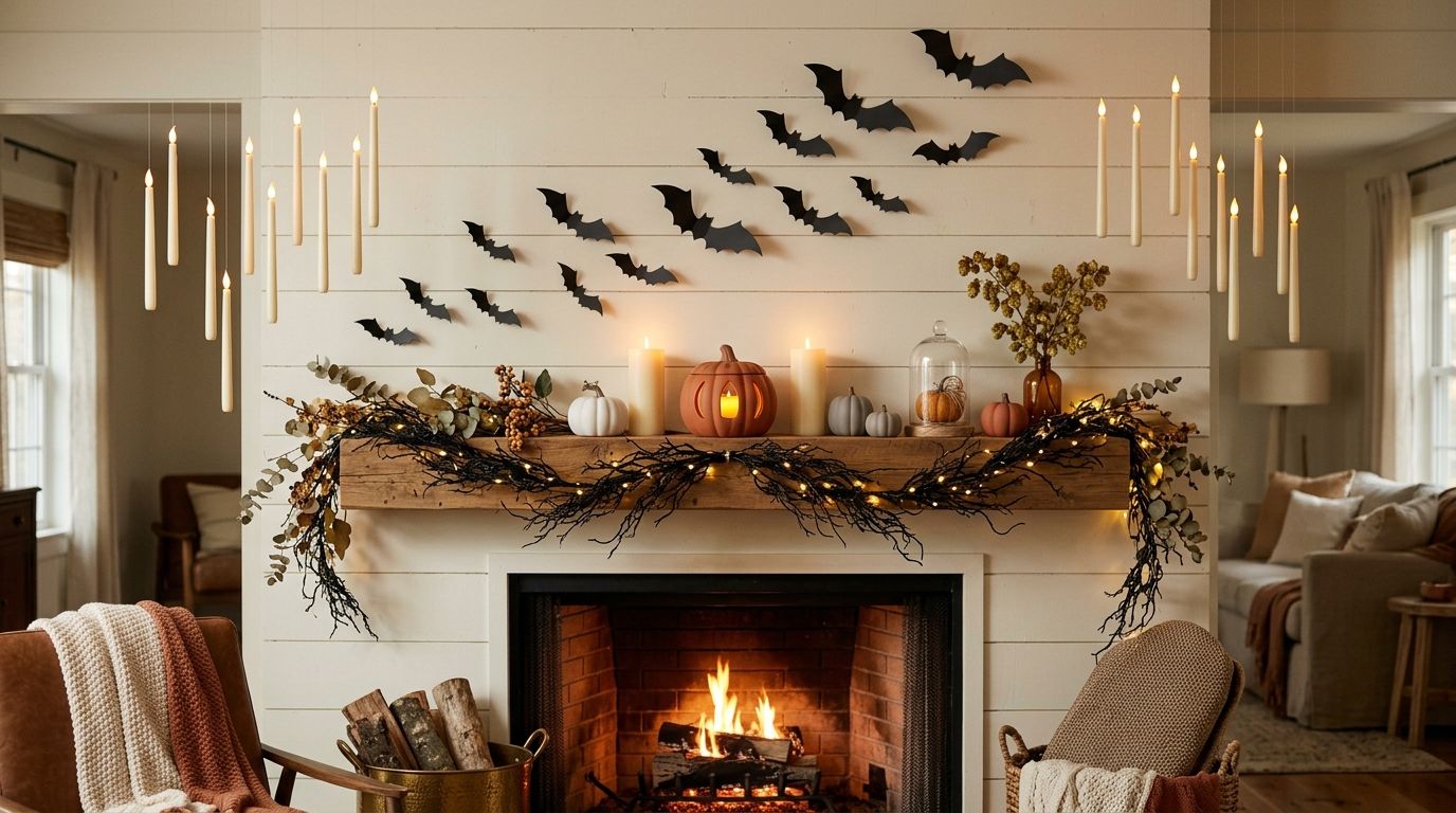 Chic and cozy Halloween living room mantel with floating candles, terracotta pumpkins, and fairy lights