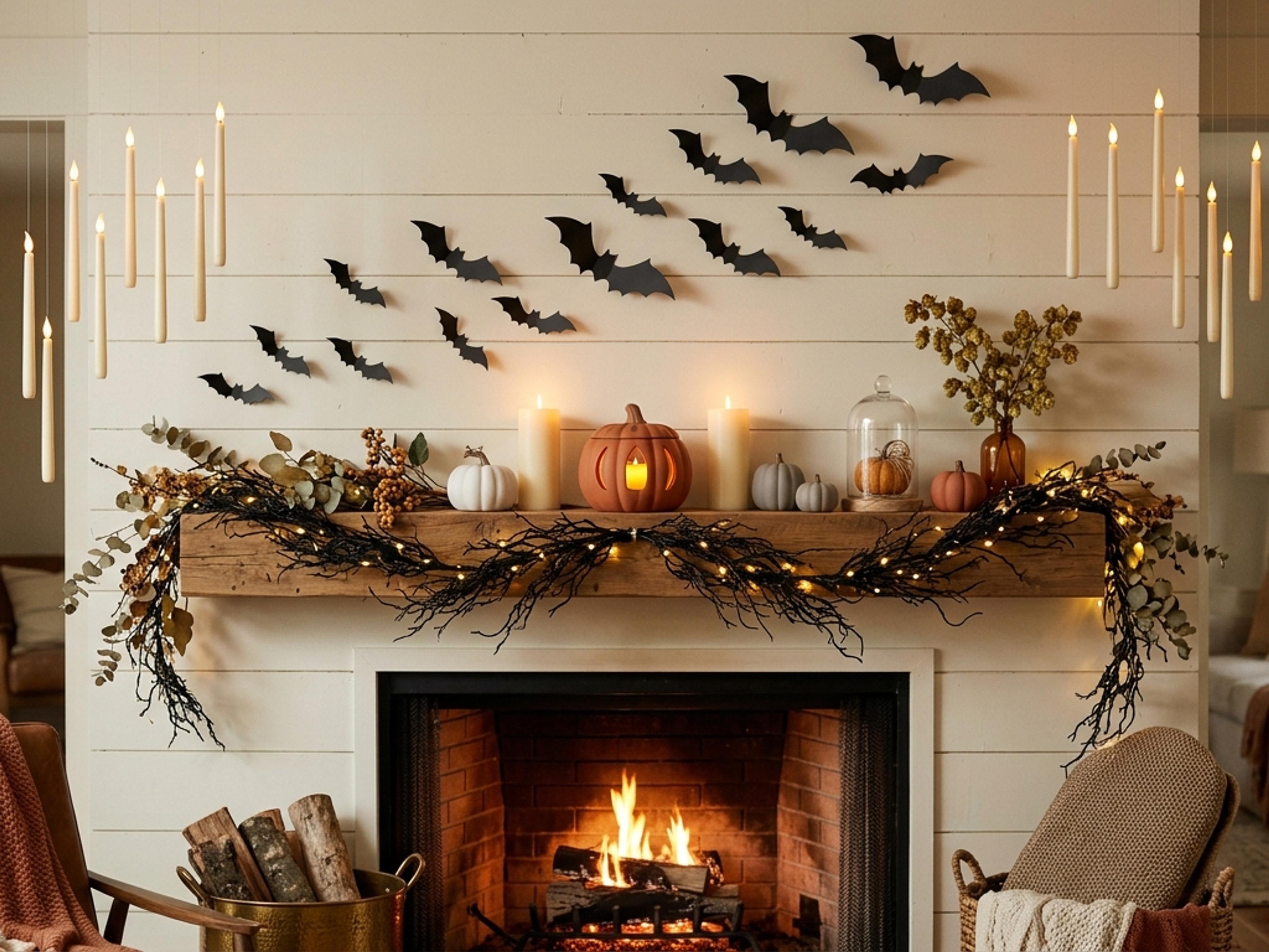 Chic and cozy Halloween living room mantel with floating candles, terracotta pumpkins, and fairy lights