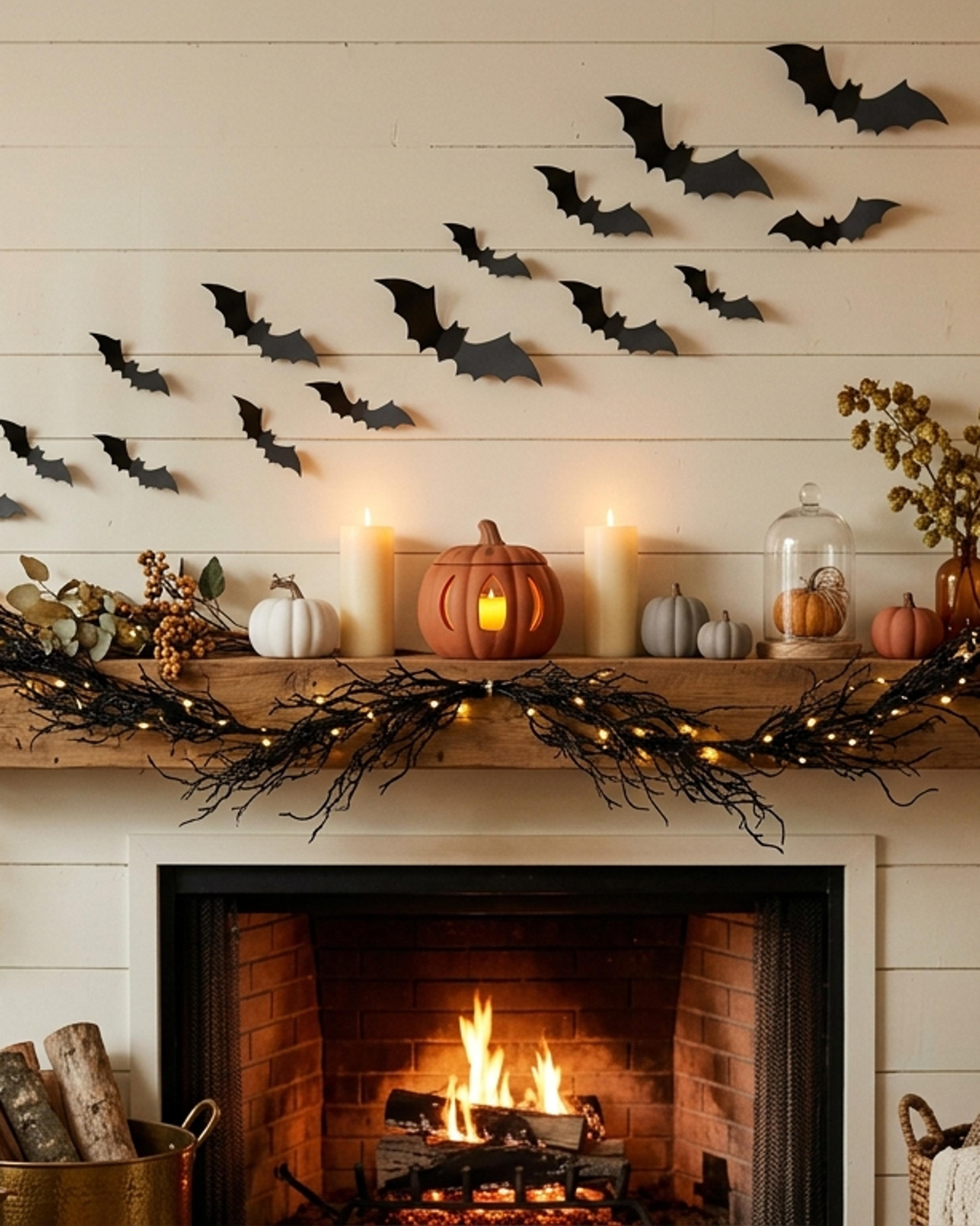 Chic and cozy Halloween living room mantel with floating candles, terracotta pumpkins, and fairy lights