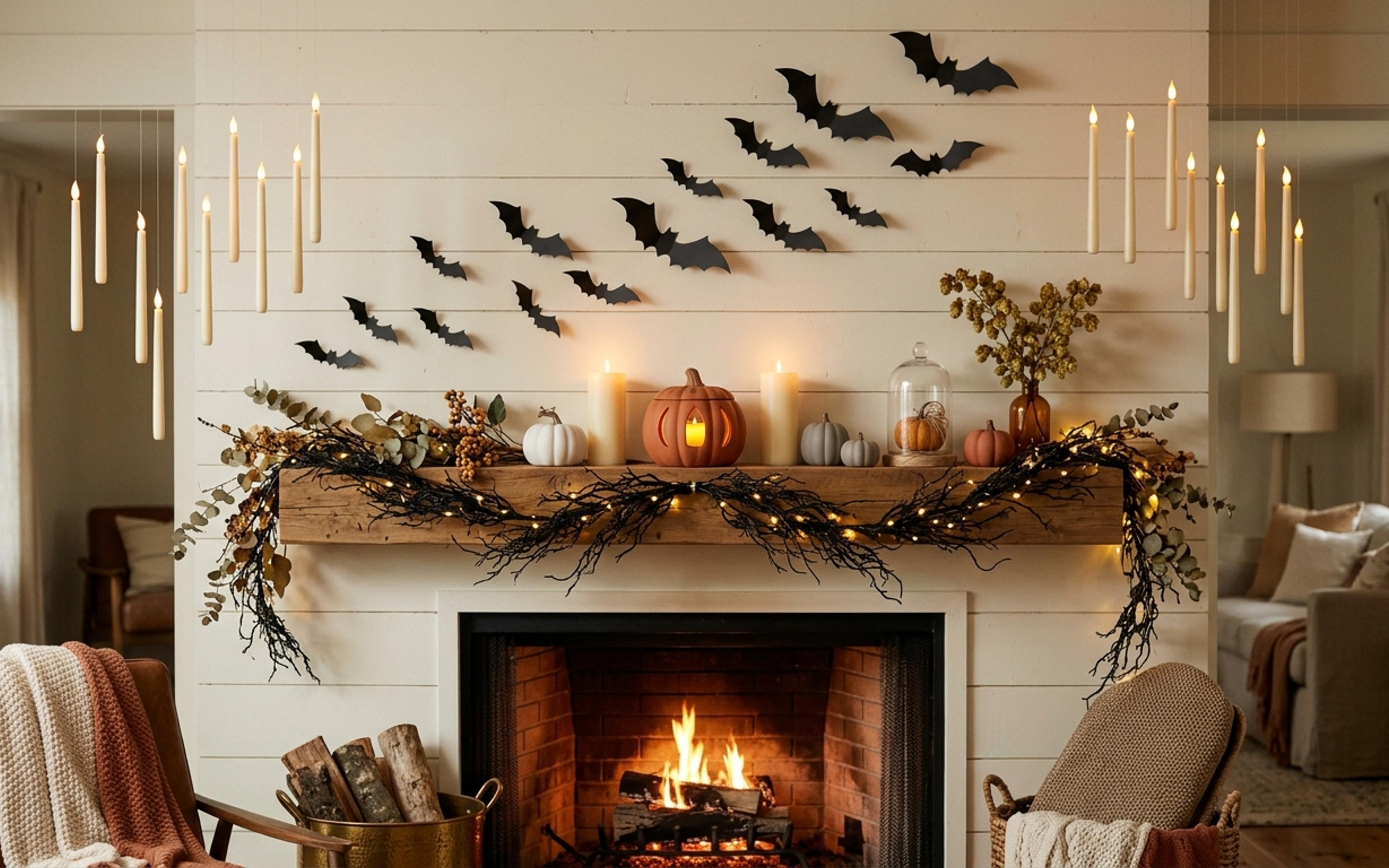 Chic and cozy Halloween living room mantel with floating candles, terracotta pumpkins, and fairy lights