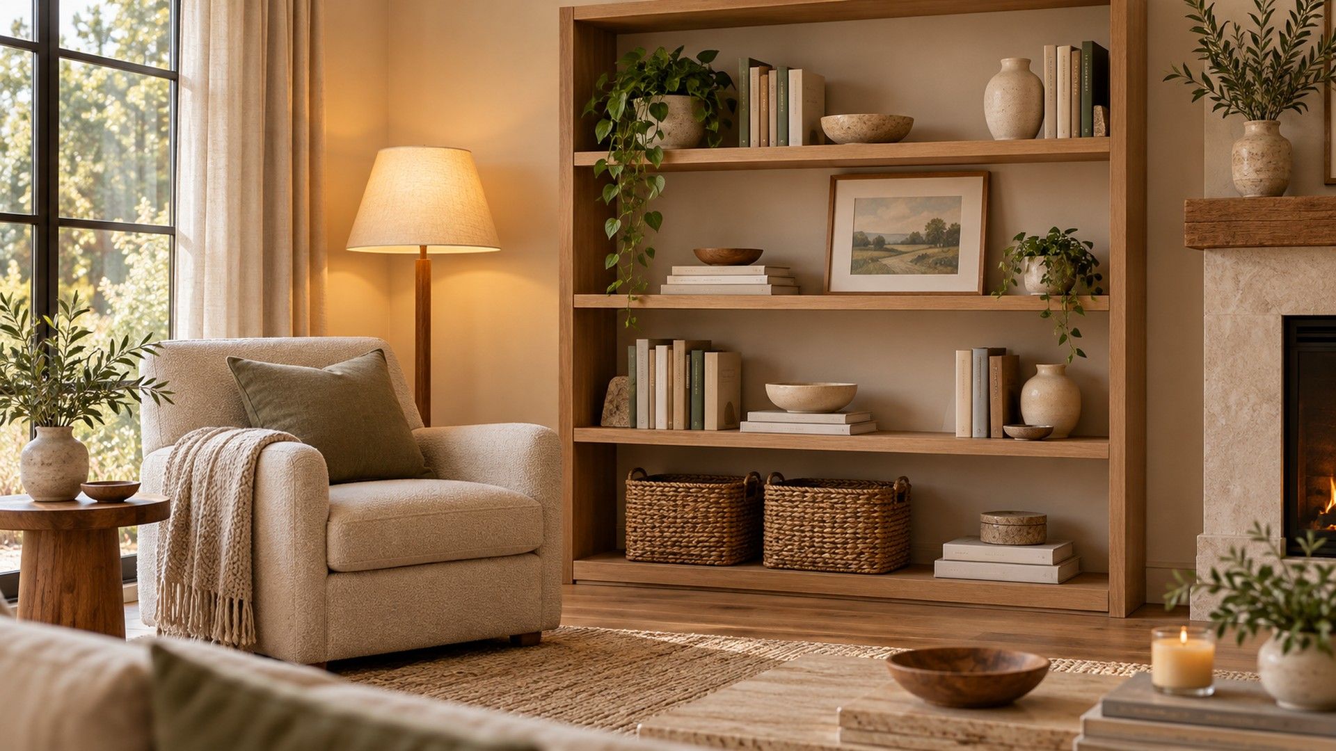 Styled light wood bookcase with mixed book stacks, ceramics, a plant and baskets