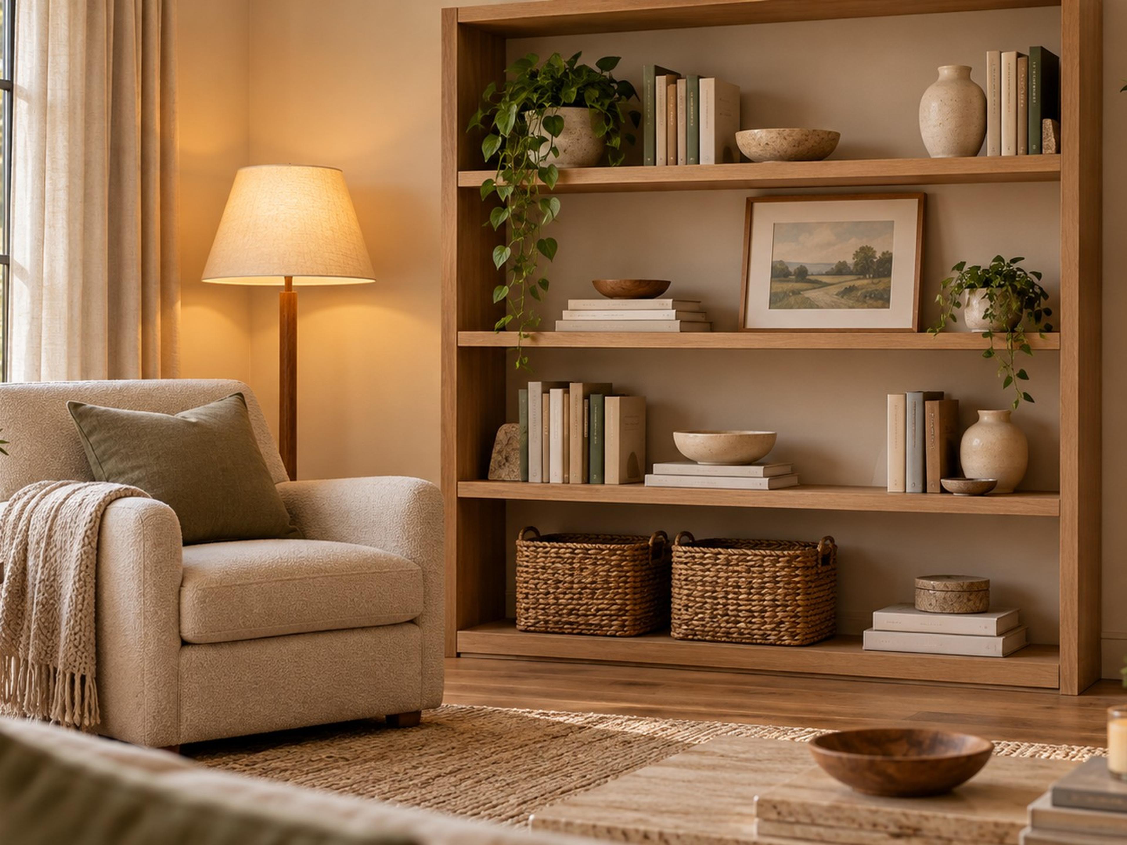 Styled light wood bookcase with mixed book stacks, ceramics, a plant and baskets