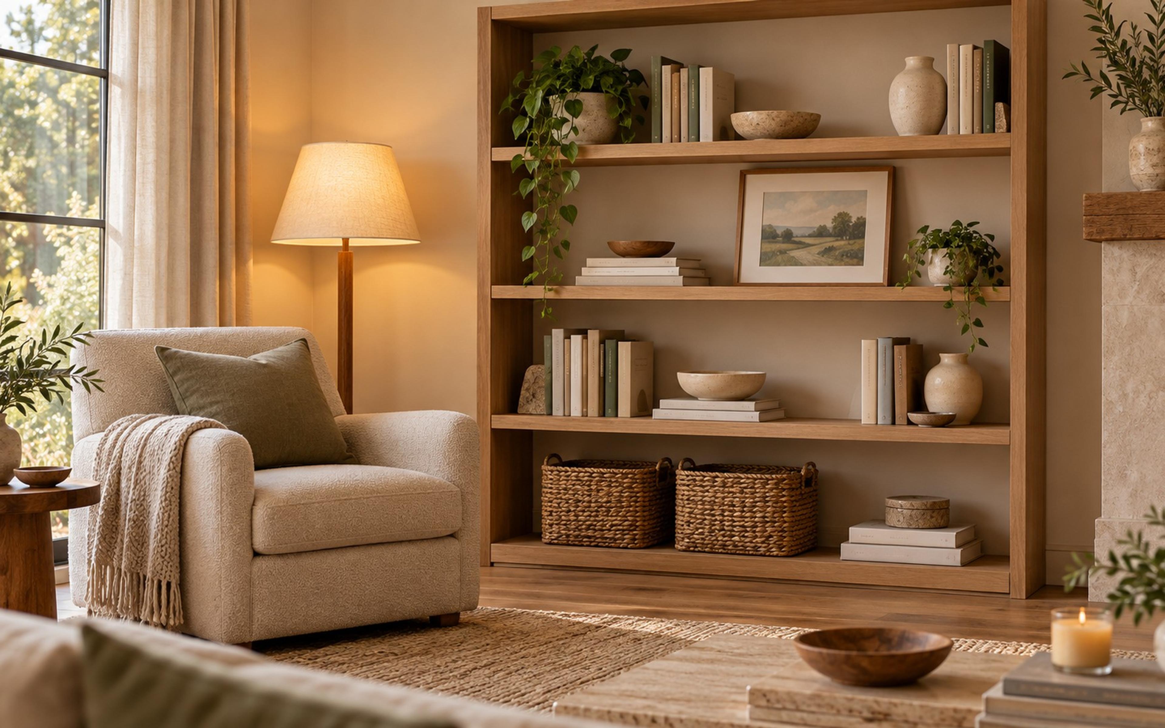 Styled light wood bookcase with mixed book stacks, ceramics, a plant and baskets