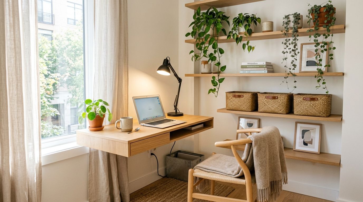 Cleverly organized small space apartment corner with floating shelves and compact desk