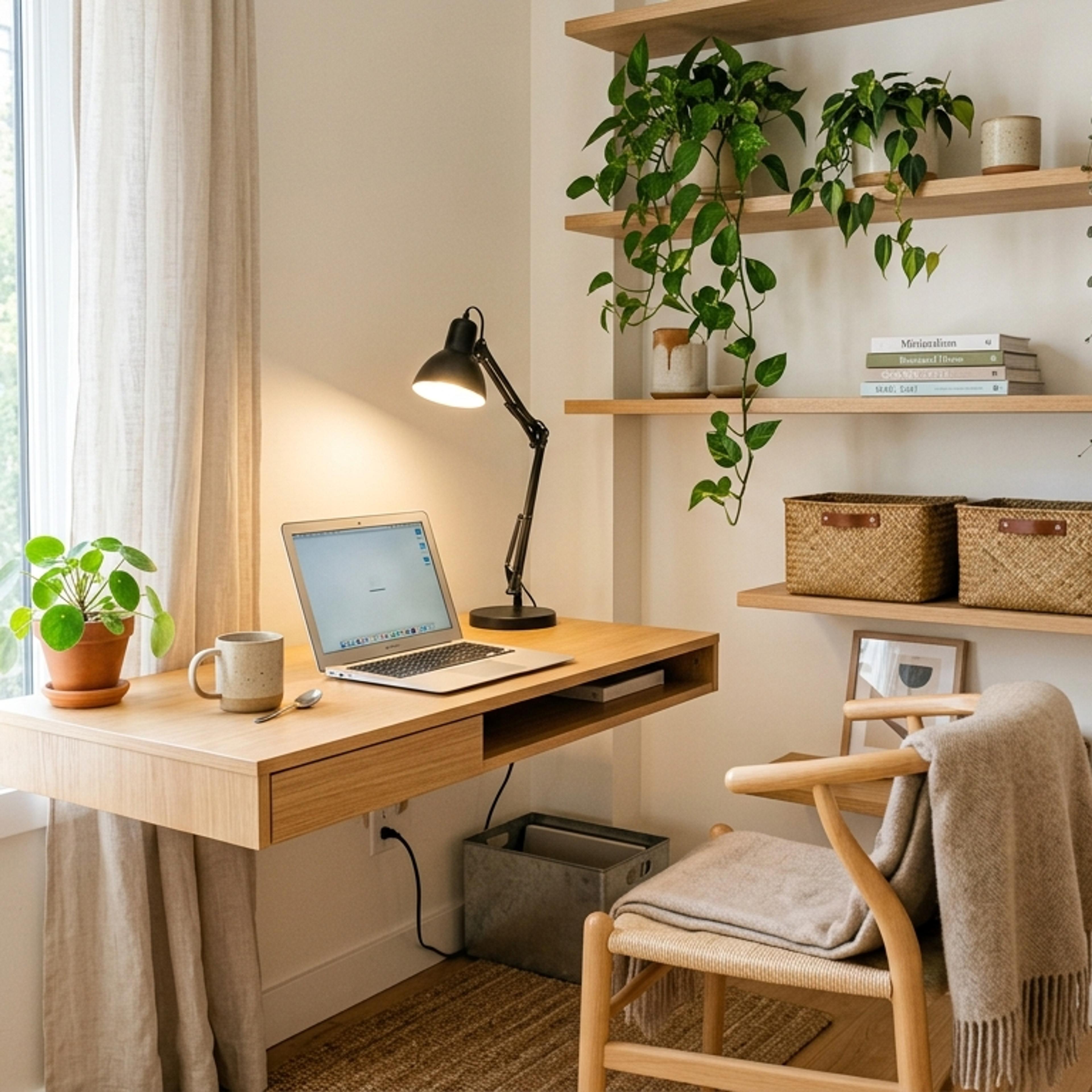 Cleverly organized small space apartment corner with floating shelves and compact desk