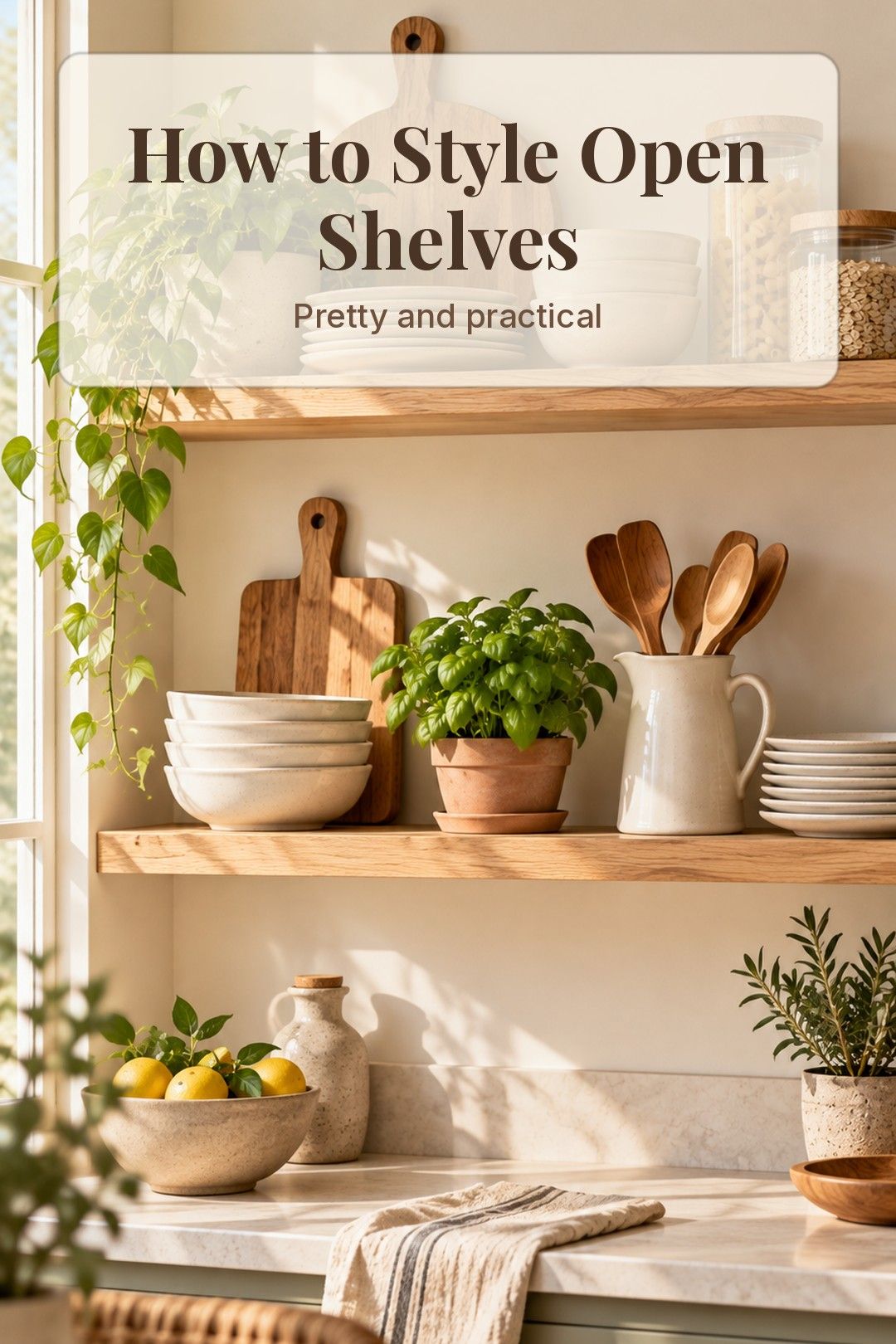 Styled oak open kitchen shelves
