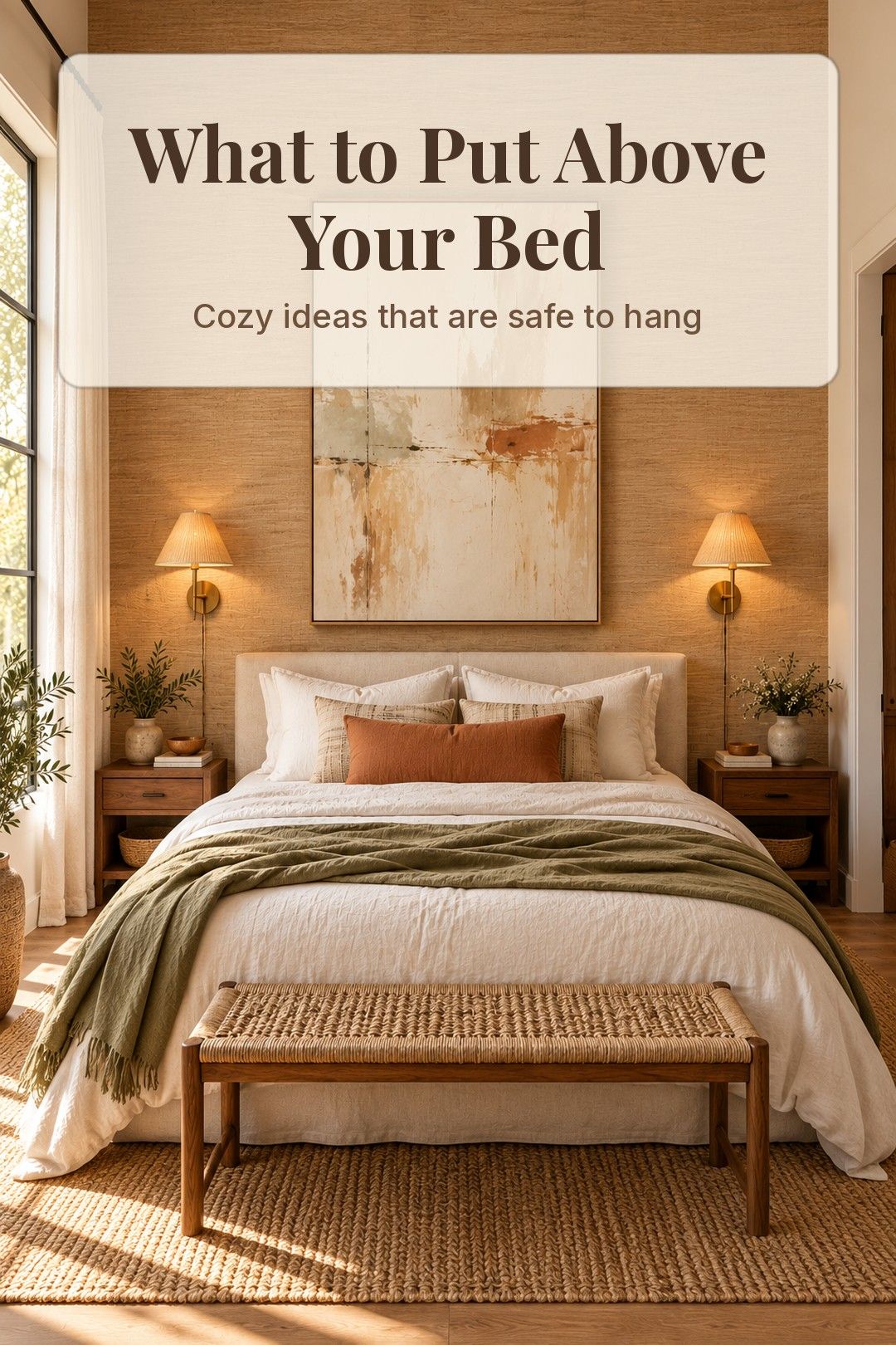Neutral canvas art above a queen bed