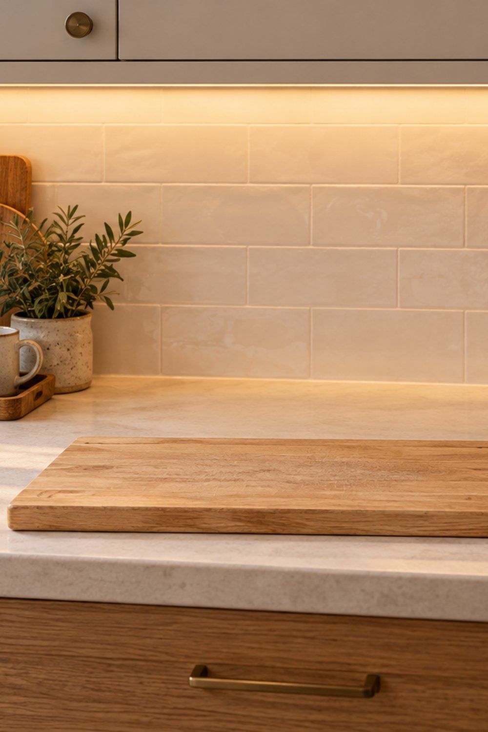 Clear kitchen prep counter with a cutting board, a kettle tray and a ceramic utensil crock