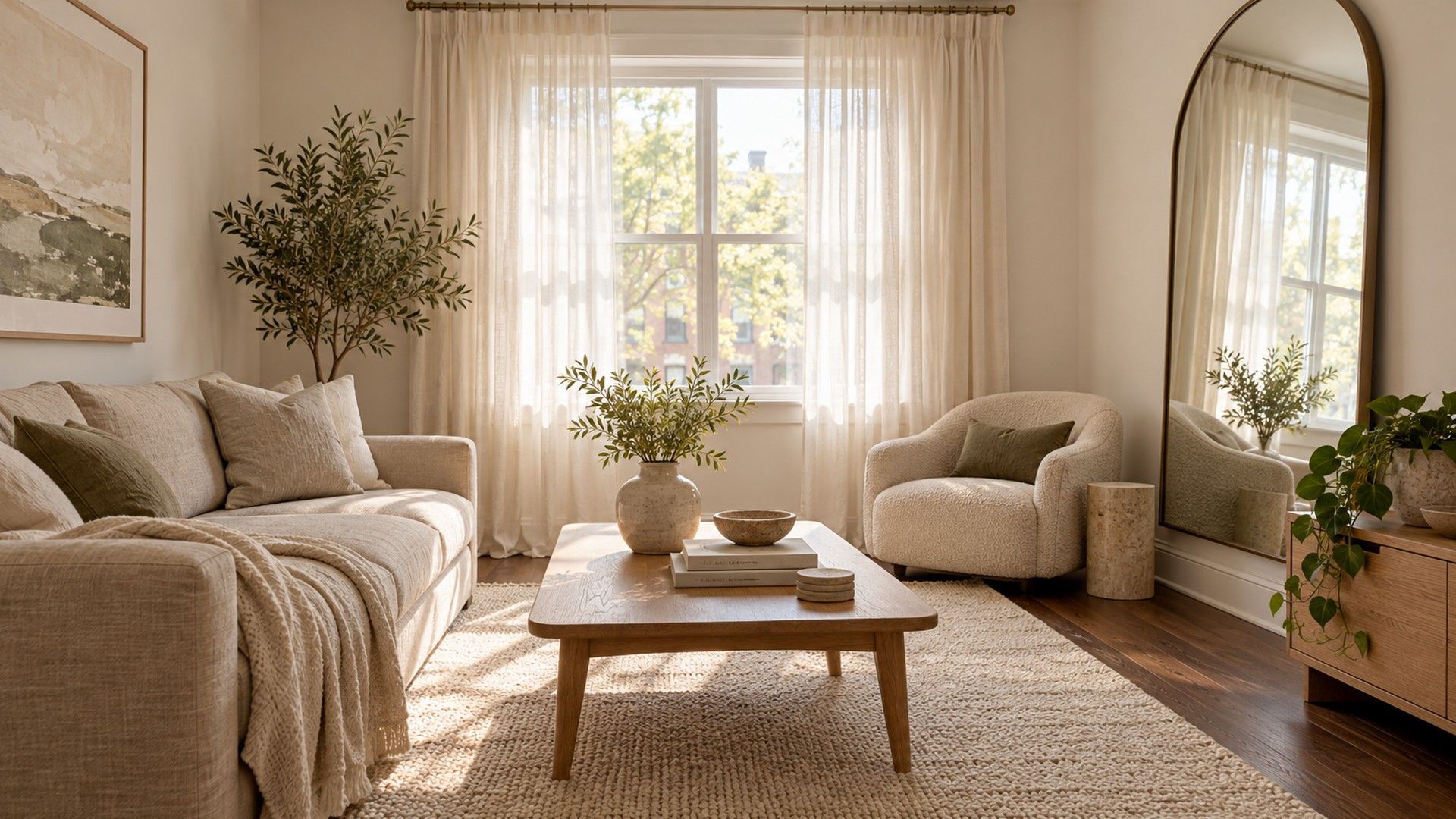 Small apartment living room brightened with sheer curtains, a large mirror, warm white walls and a cream rug