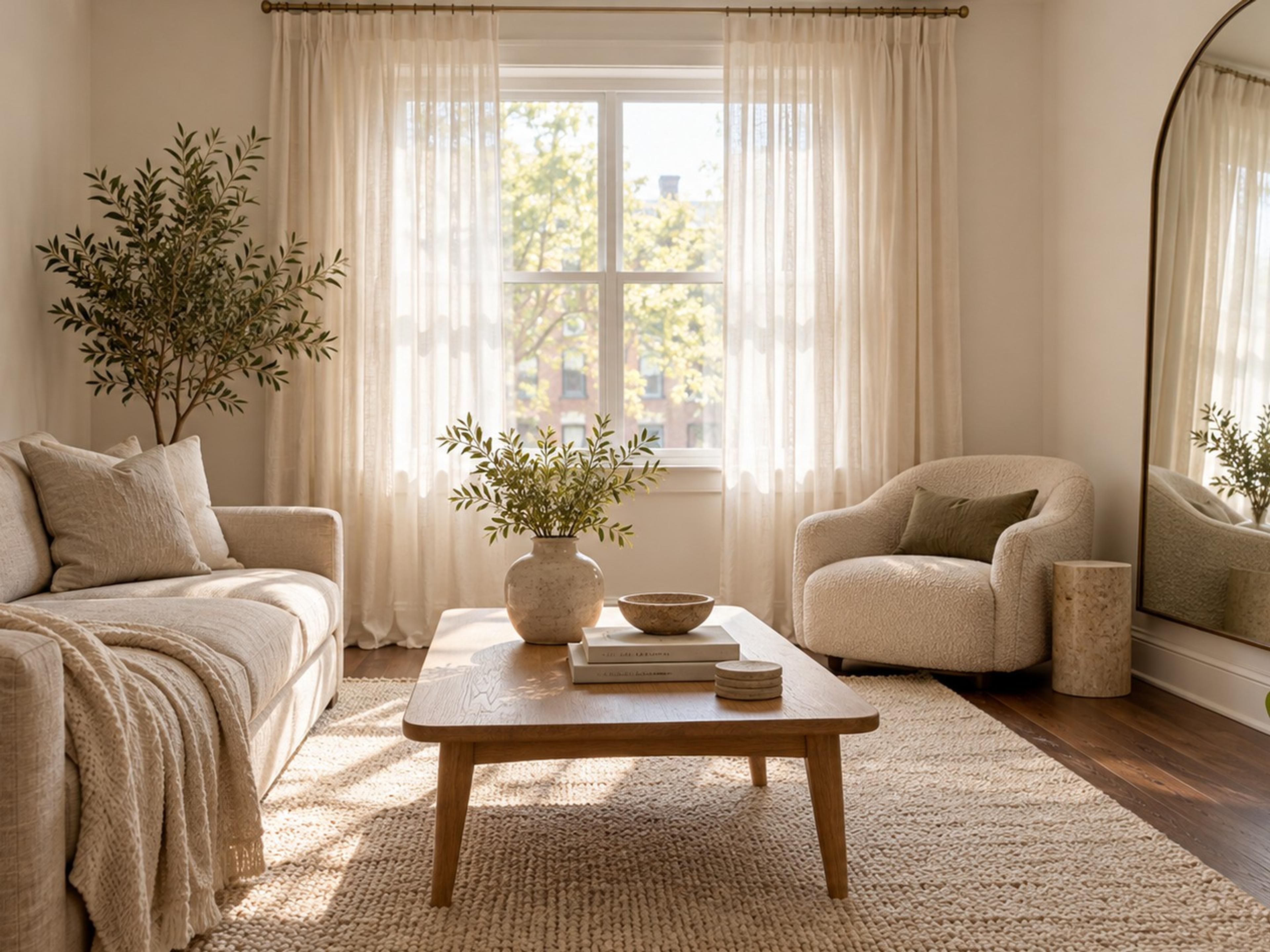 Small apartment living room brightened with sheer curtains, a large mirror, warm white walls and a cream rug
