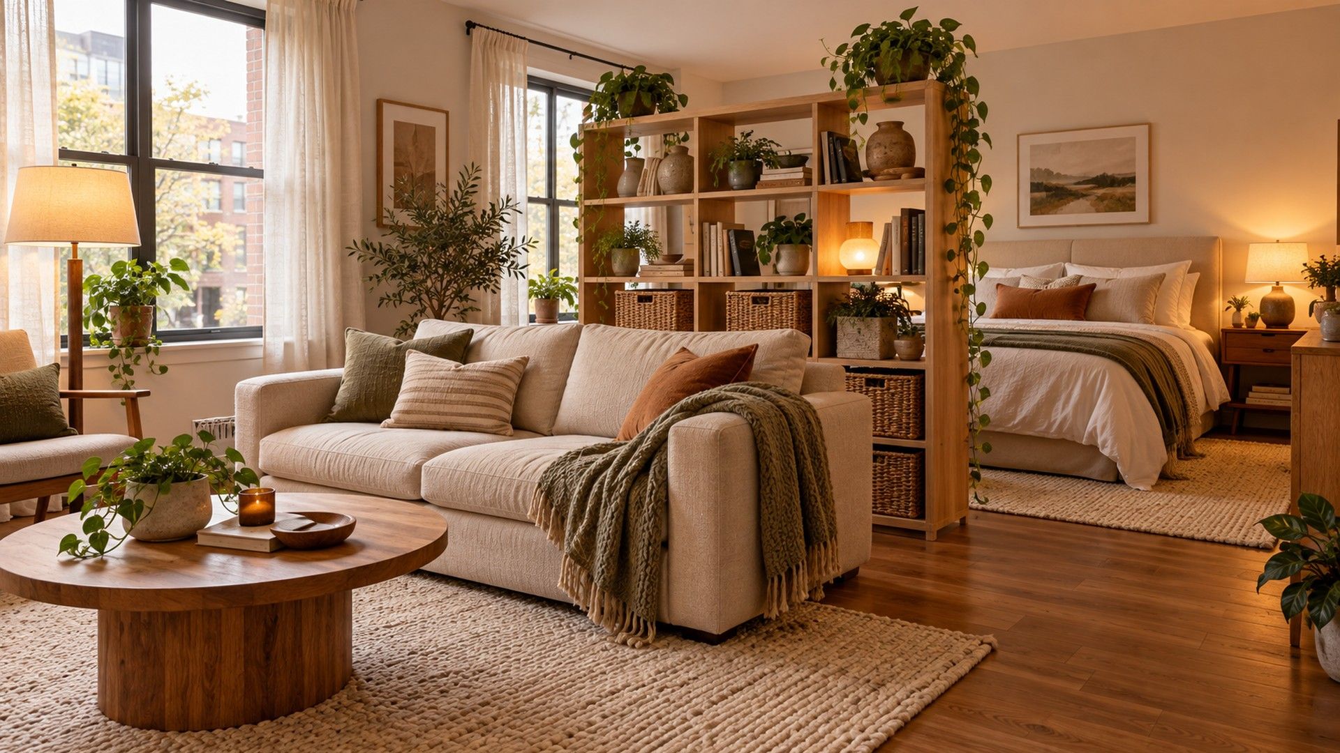 Studio apartment with the bed separated from the living area by an open bookcase and a turned sofa