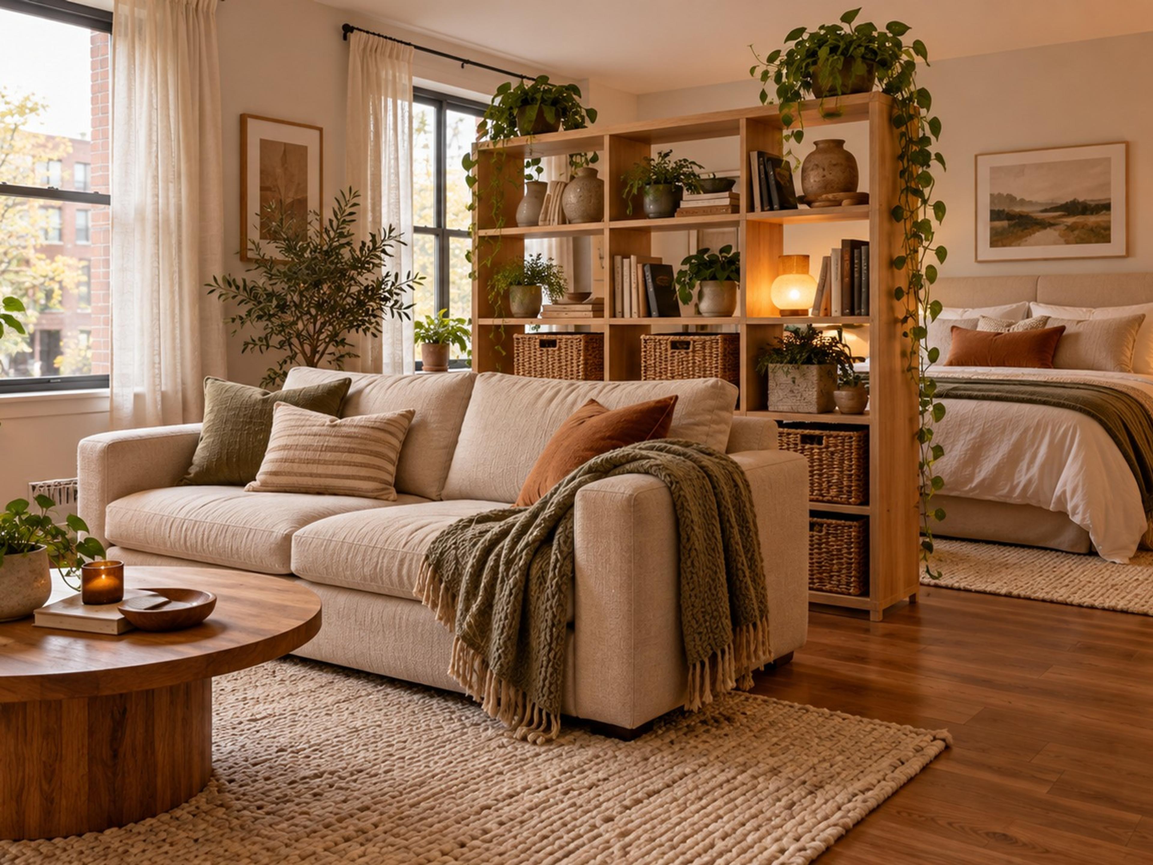 Studio apartment with the bed separated from the living area by an open bookcase and a turned sofa