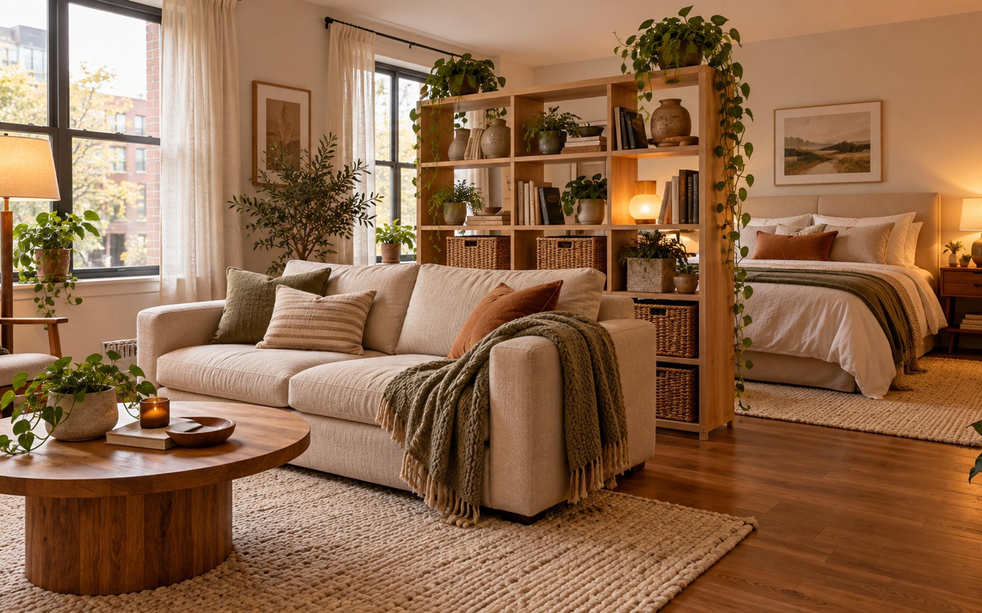 Studio apartment with the bed separated from the living area by an open bookcase and a turned sofa