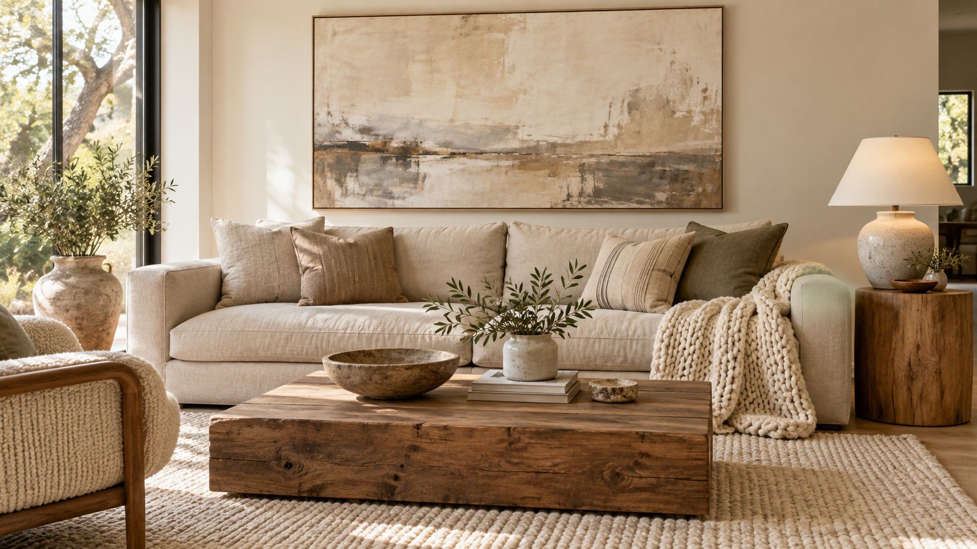 Large neutral canvas hung just above an oat linen sofa, about two-thirds of its width