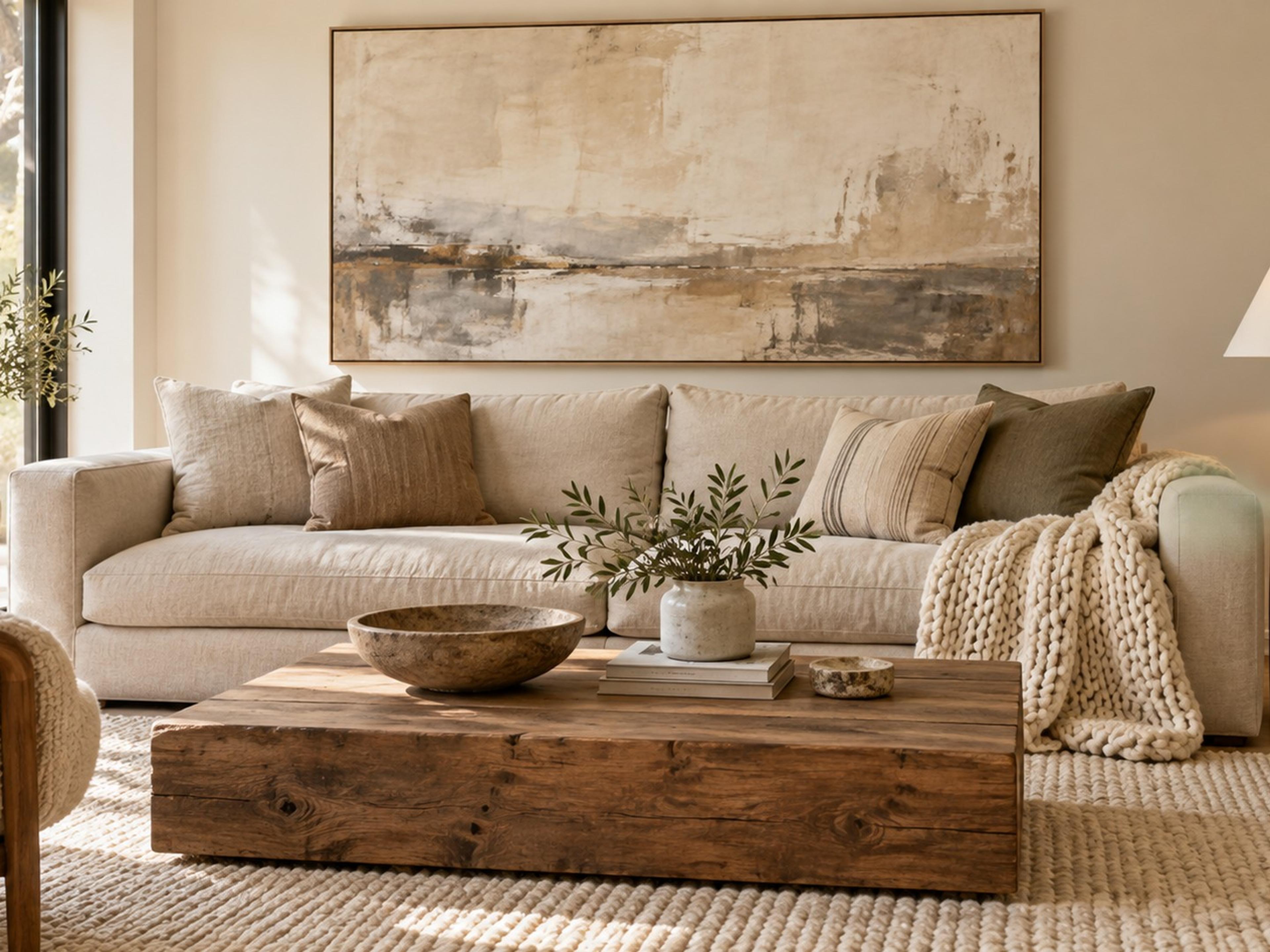 Large neutral canvas hung just above an oat linen sofa, about two-thirds of its width