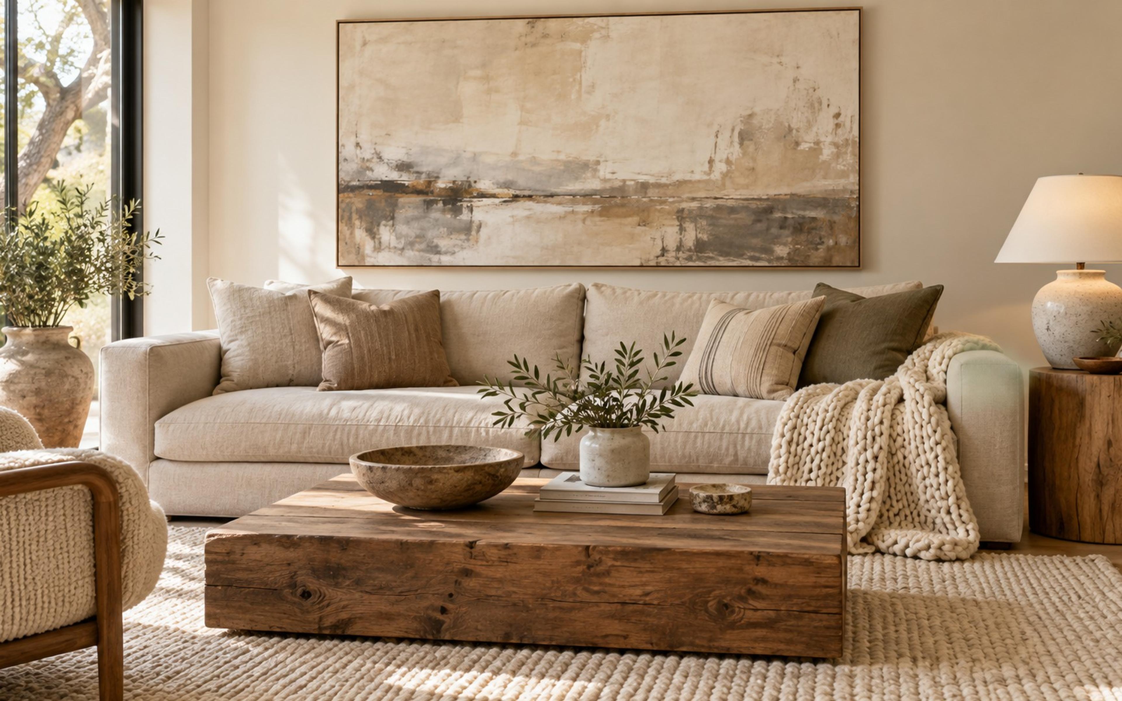 Large neutral canvas hung just above an oat linen sofa, about two-thirds of its width