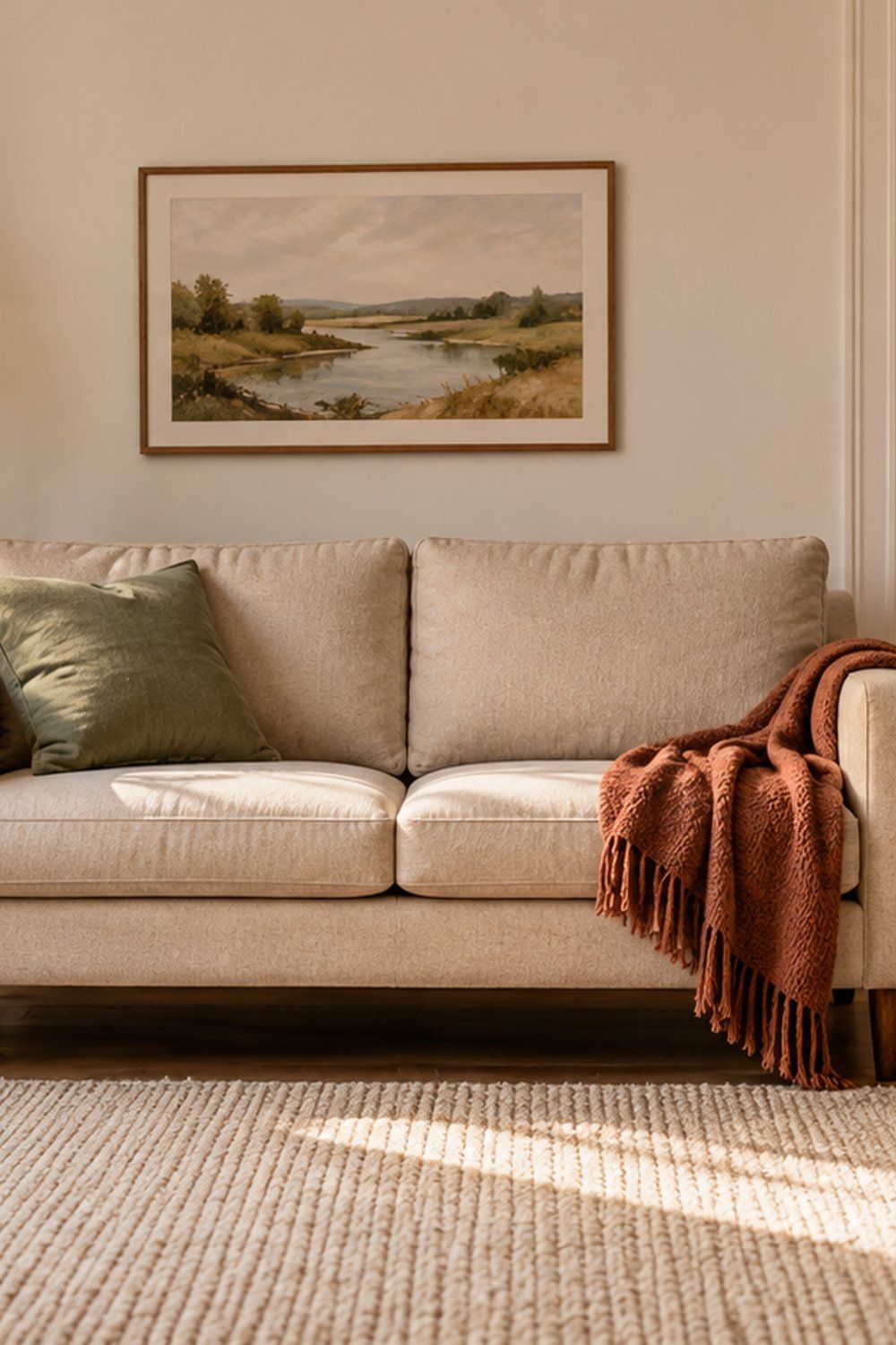 Compact oat sofa with slim arms, visible wood legs and a clear route to an open doorway