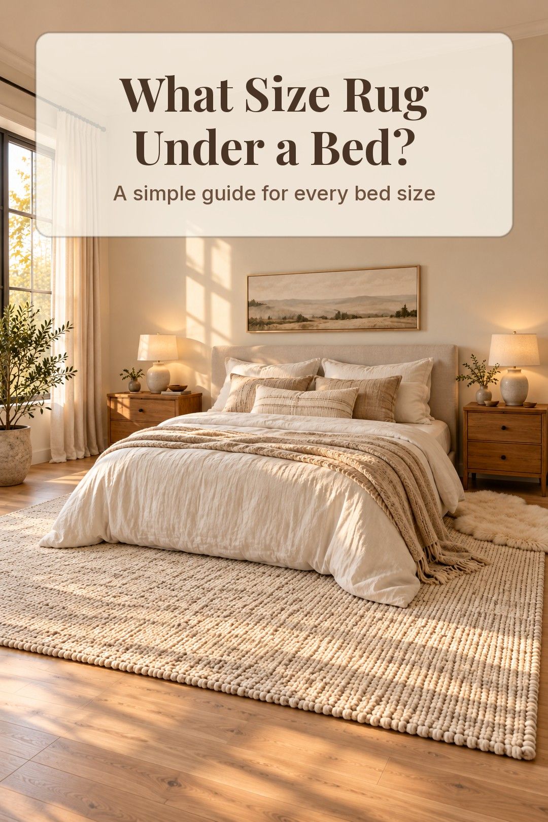Queen bed on a large cream rug in a cozy bedroom