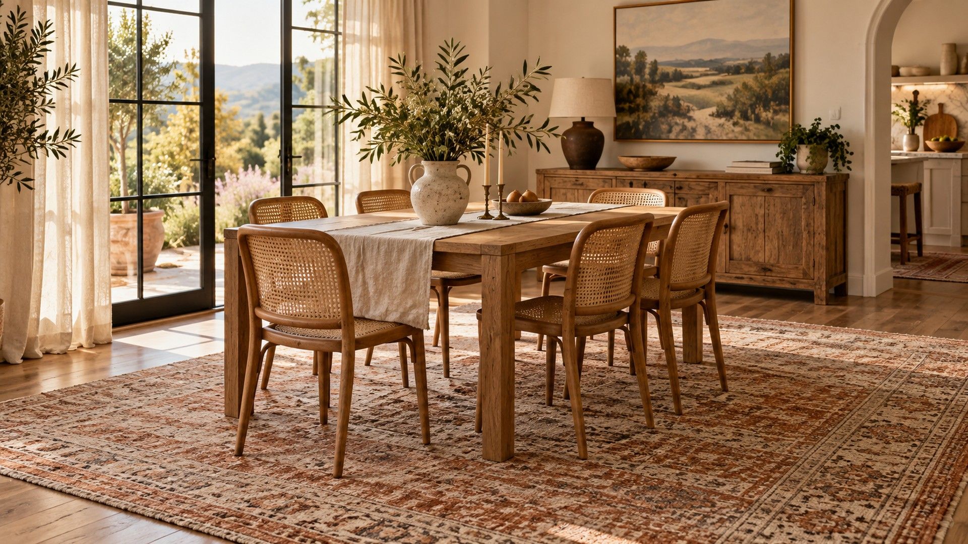 Dining table and cane chairs on a large faded flatweave rug that extends past the chairs