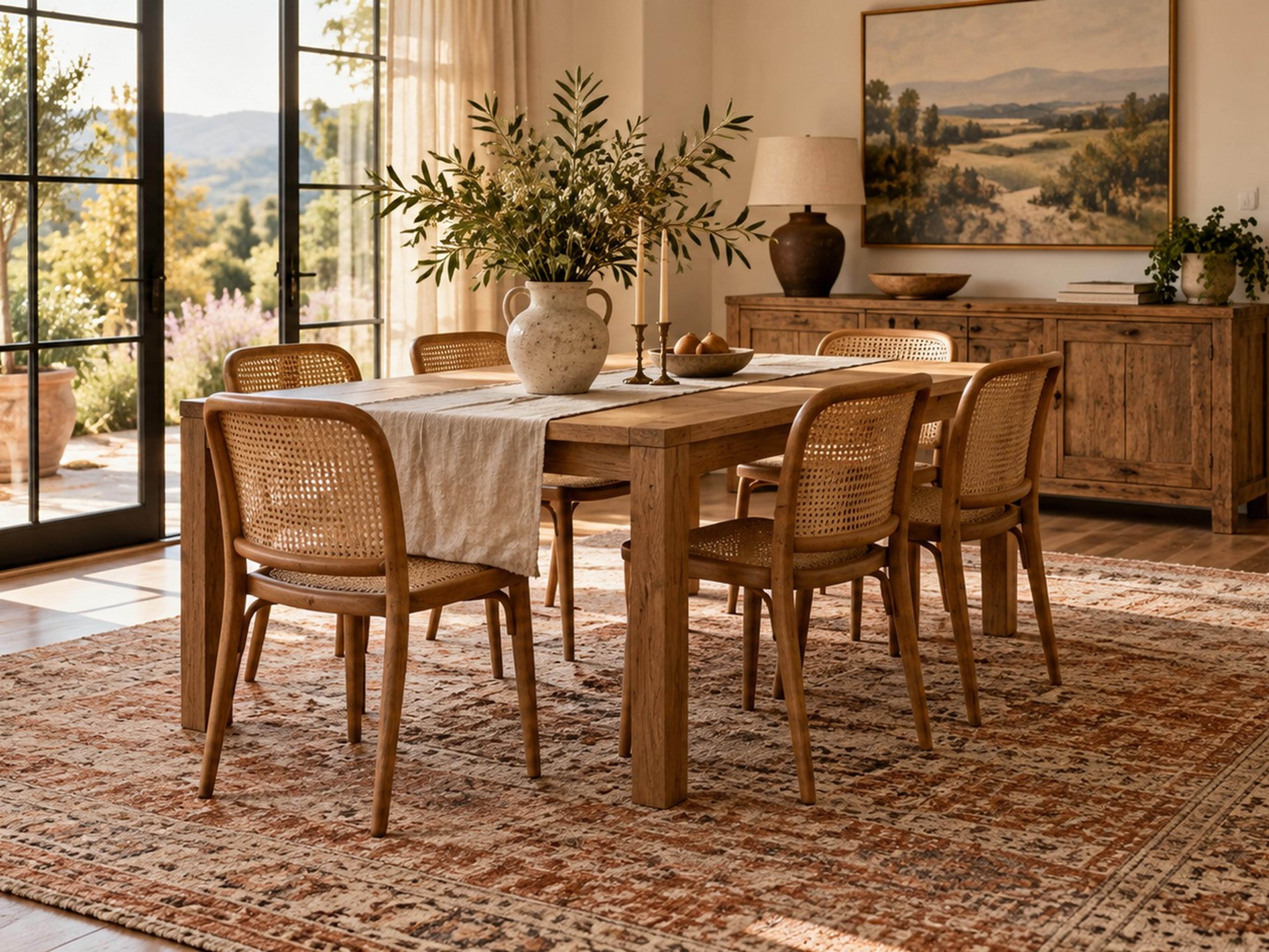 Dining table and cane chairs on a large faded flatweave rug that extends past the chairs