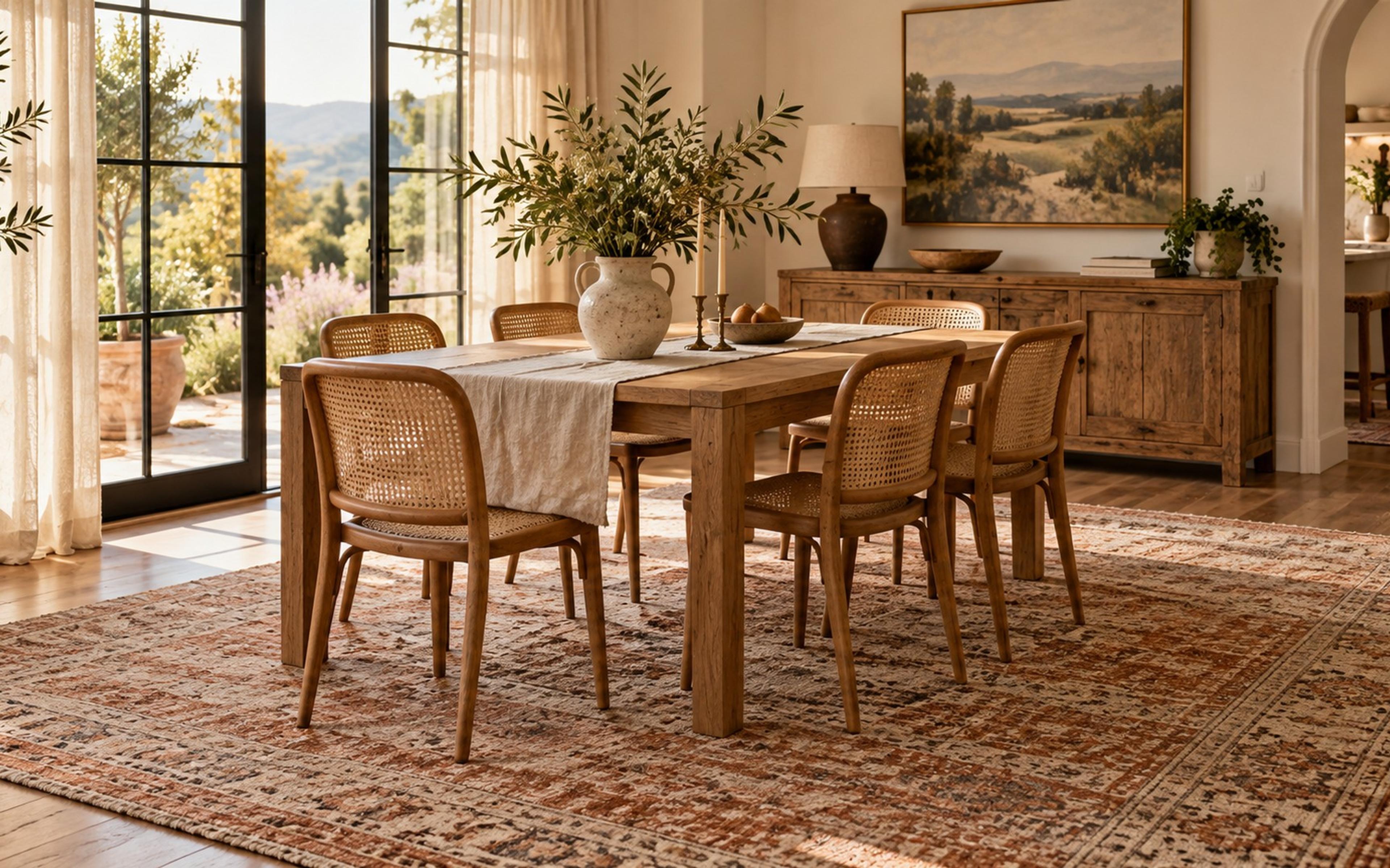 Dining table and cane chairs on a large faded flatweave rug that extends past the chairs