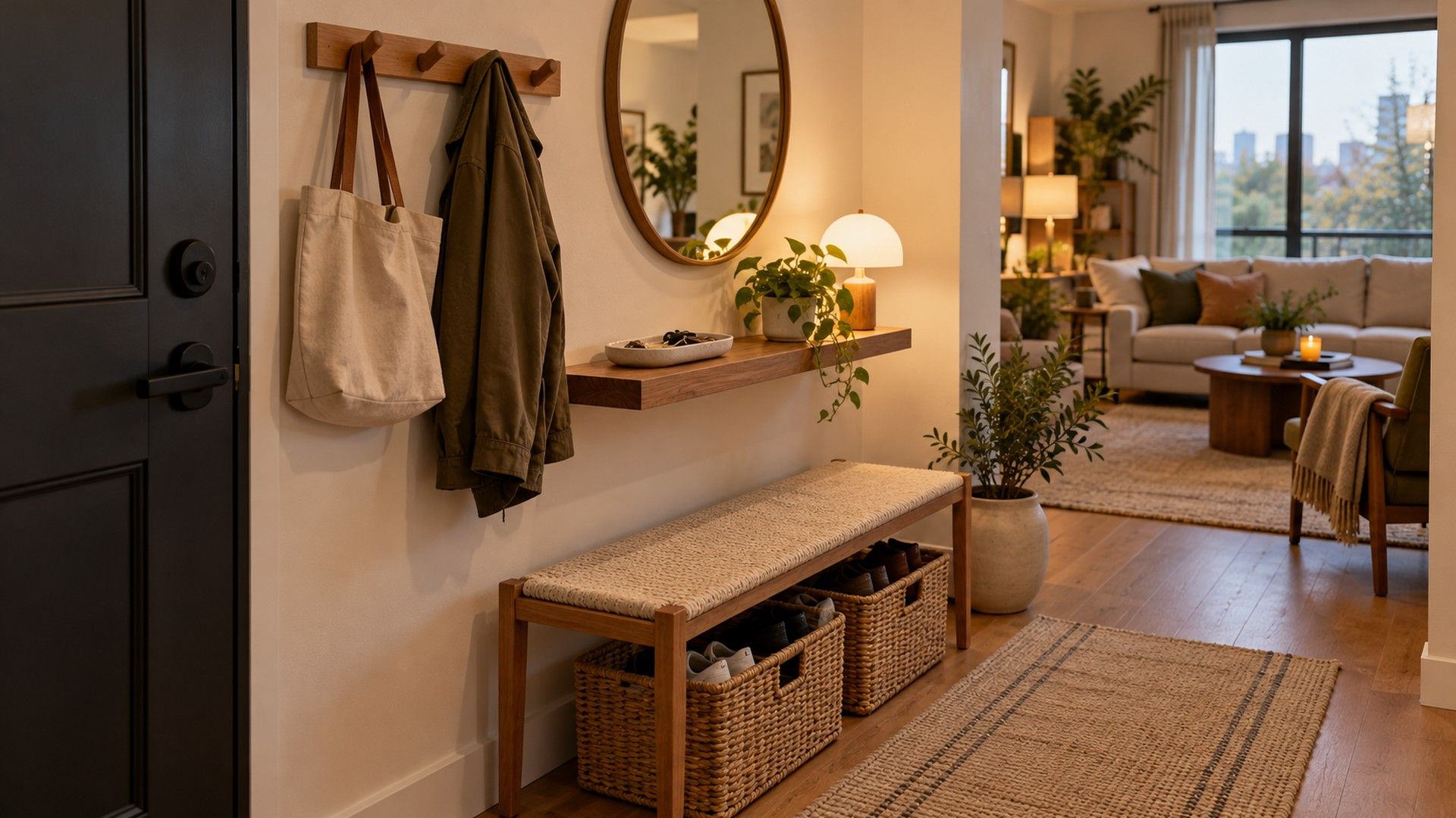 Small drop zone by an apartment front door with a peg rail, key tray shelf, mirror and bench with baskets