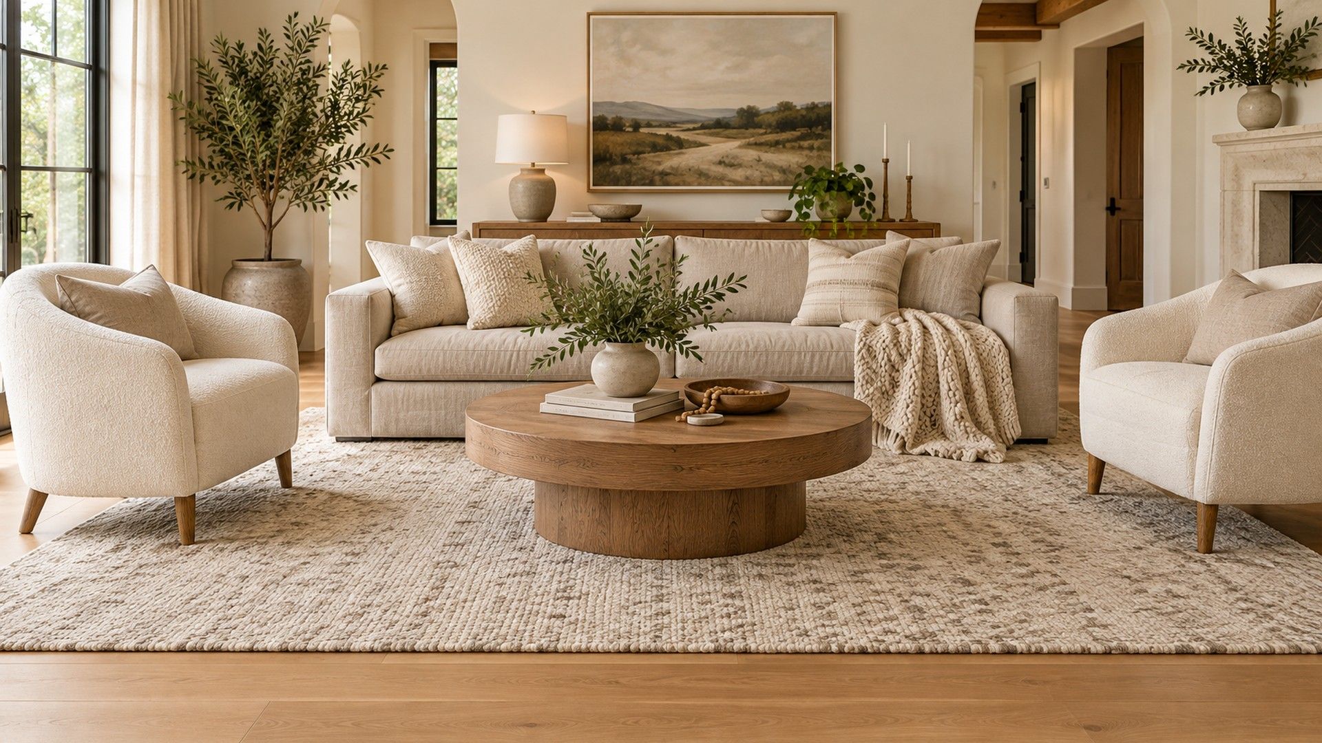 Living room seating with front legs on a large cream rug and a border of oak floor showing