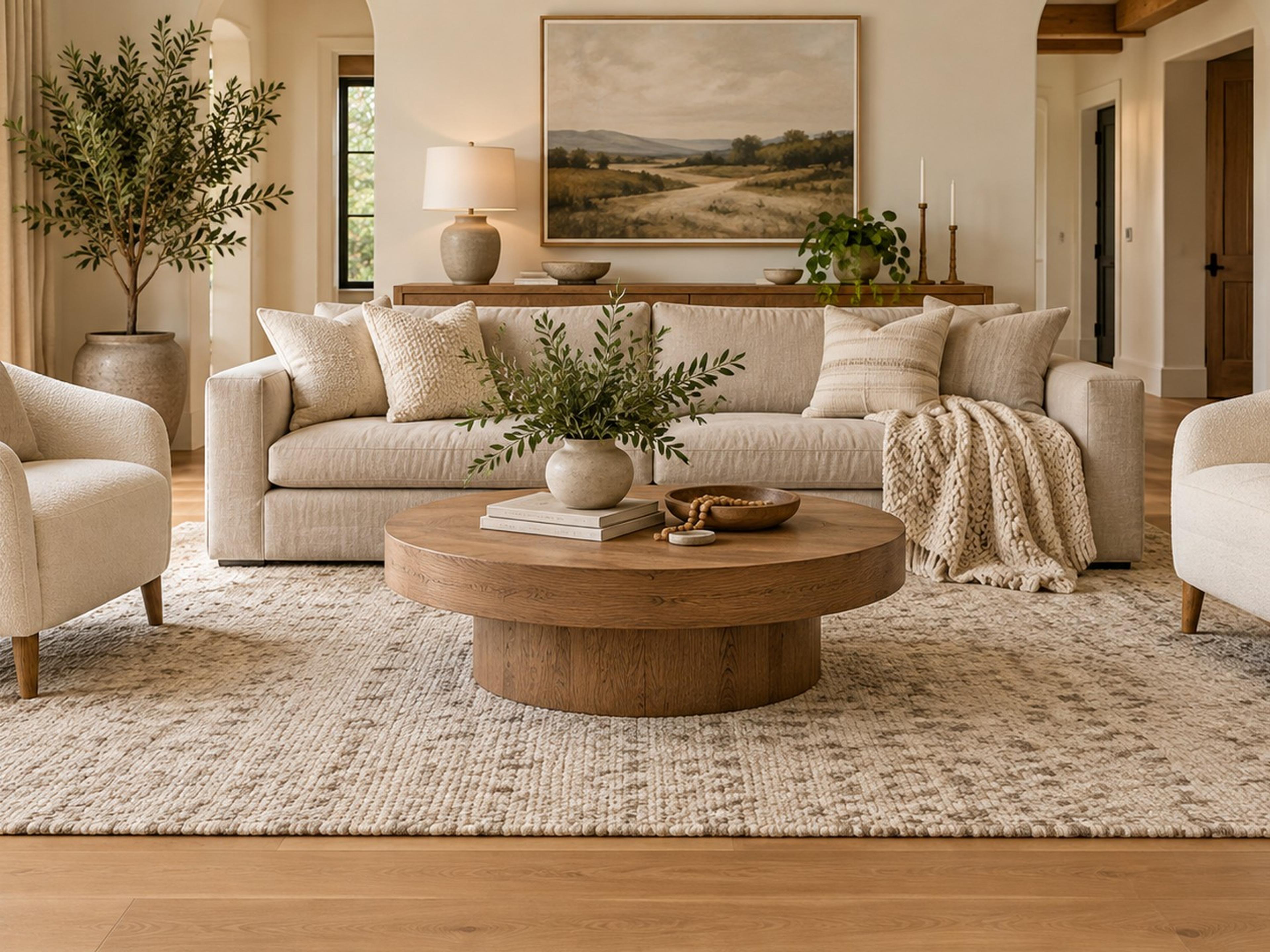 Living room seating with front legs on a large cream rug and a border of oak floor showing