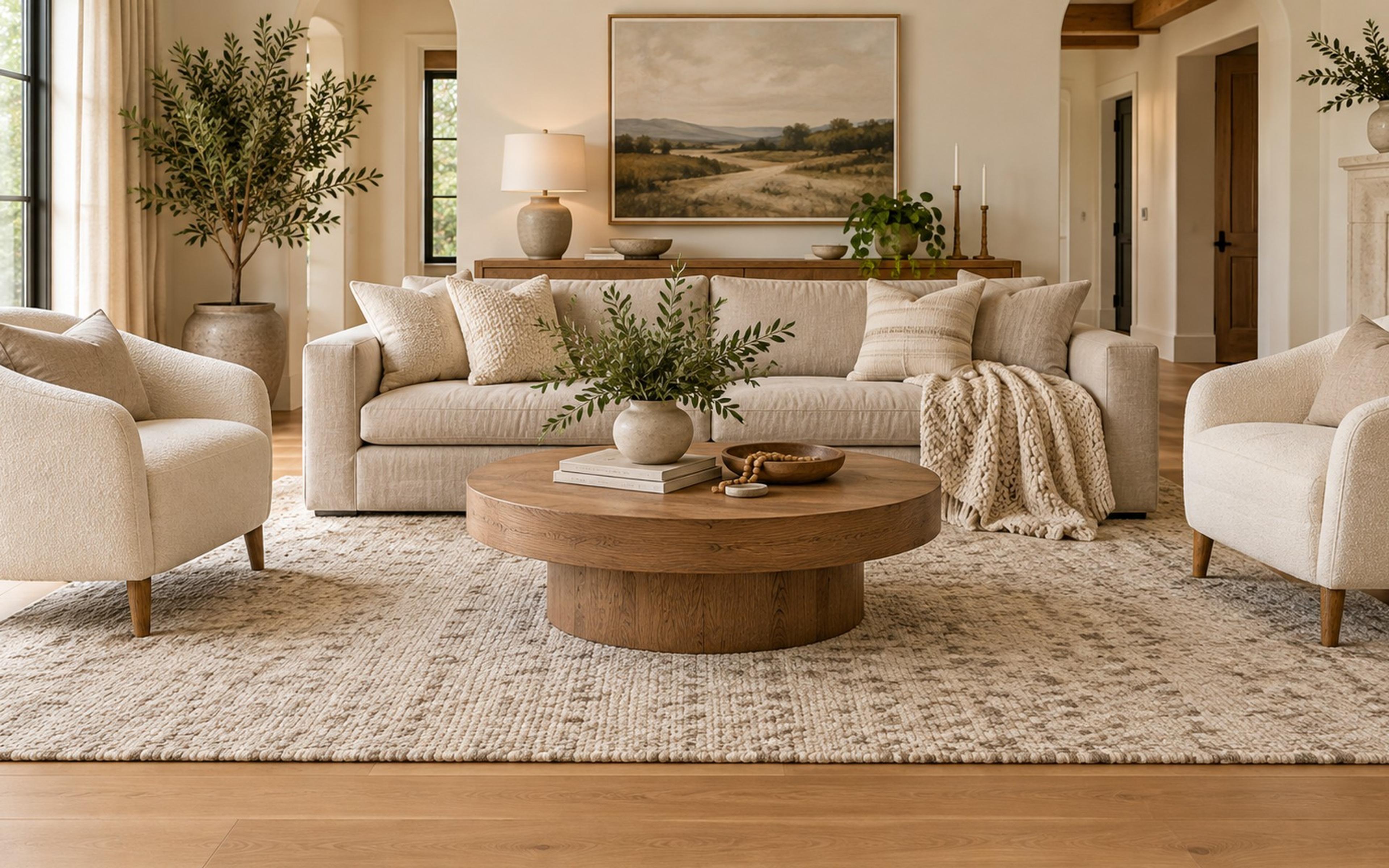 Living room seating with front legs on a large cream rug and a border of oak floor showing