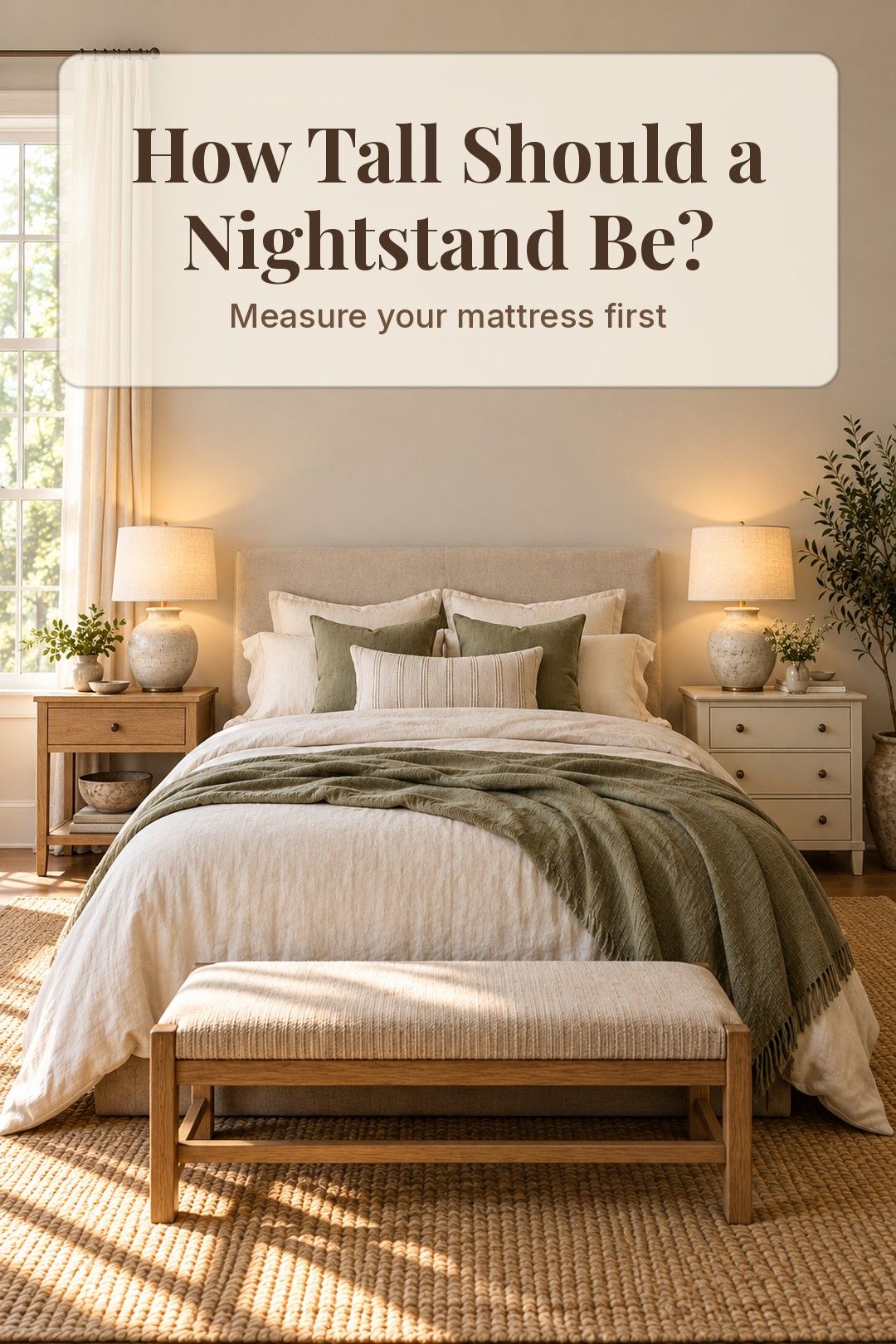 Nightstand top level with a mattress beside a cozy bed