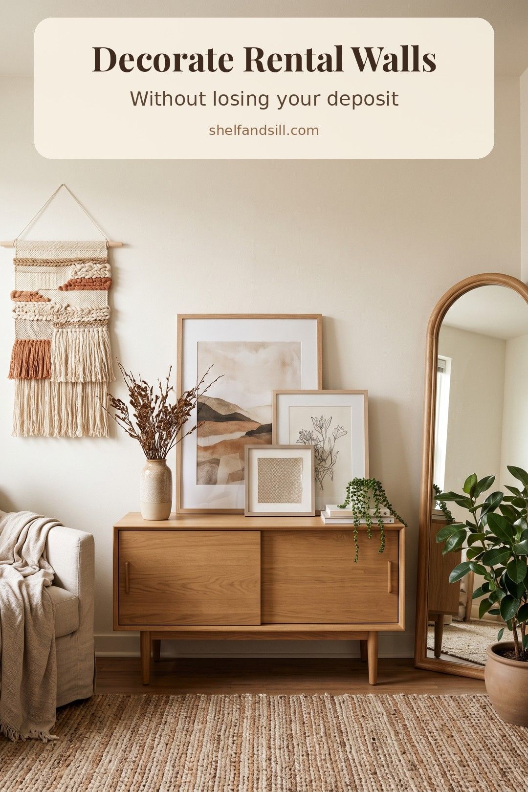 Rental living room wall decorated with leaning art and a woven hanging