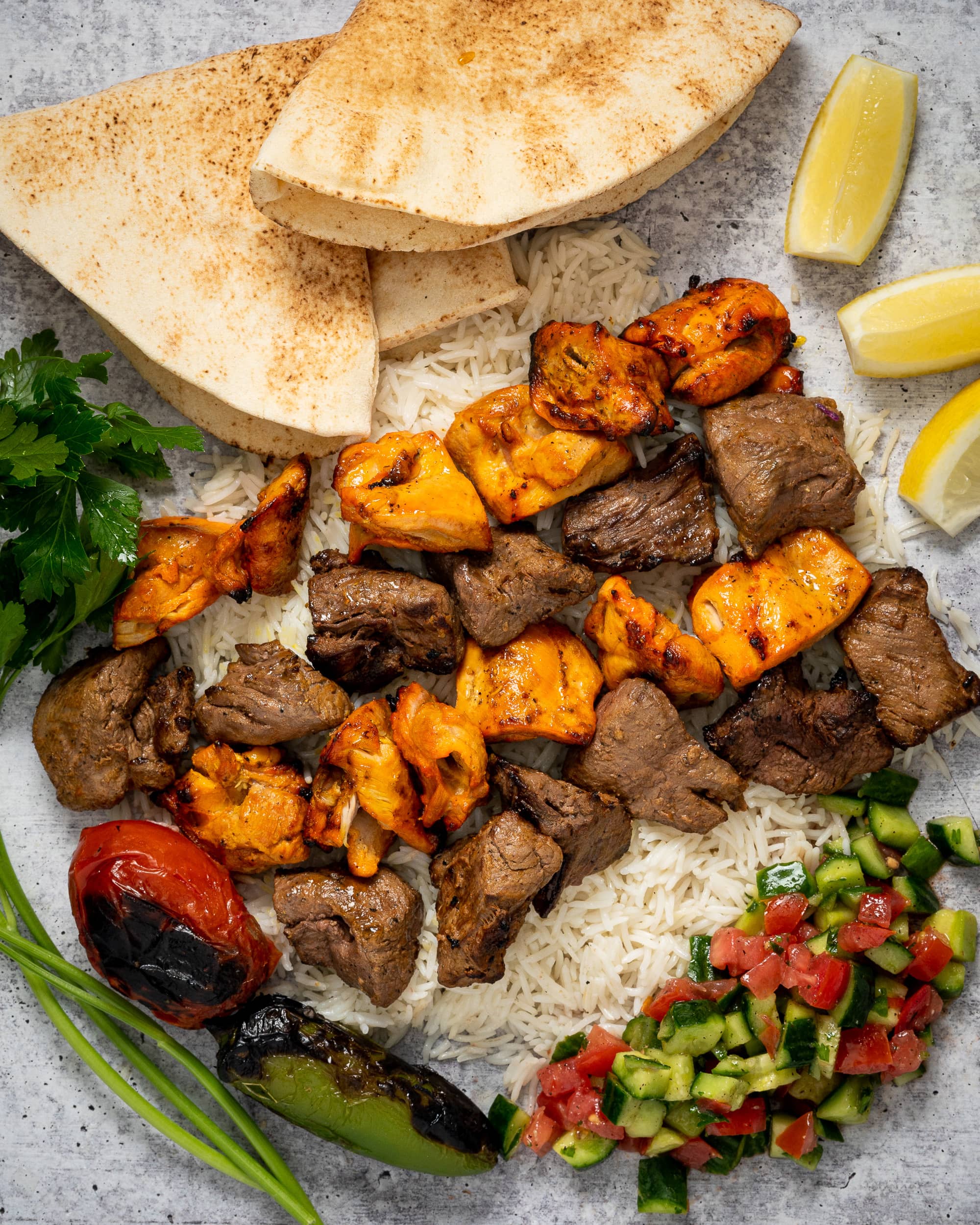 Three Chicken Koubideh Kabob Skewers, Three Beef Koubideh Skewers