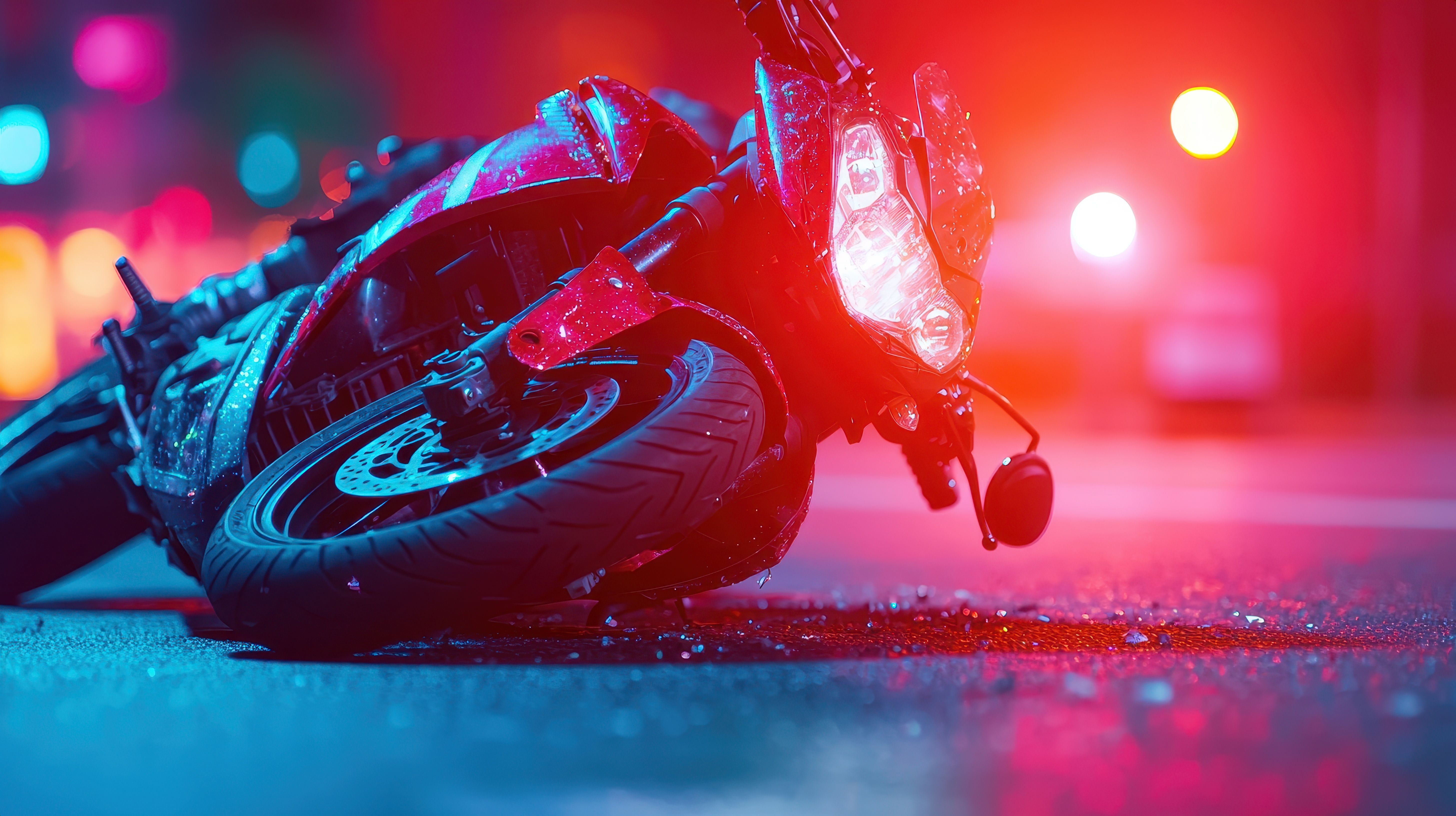 a wrecked motorcycle with its brake lights on while laying in the middle of a road at night